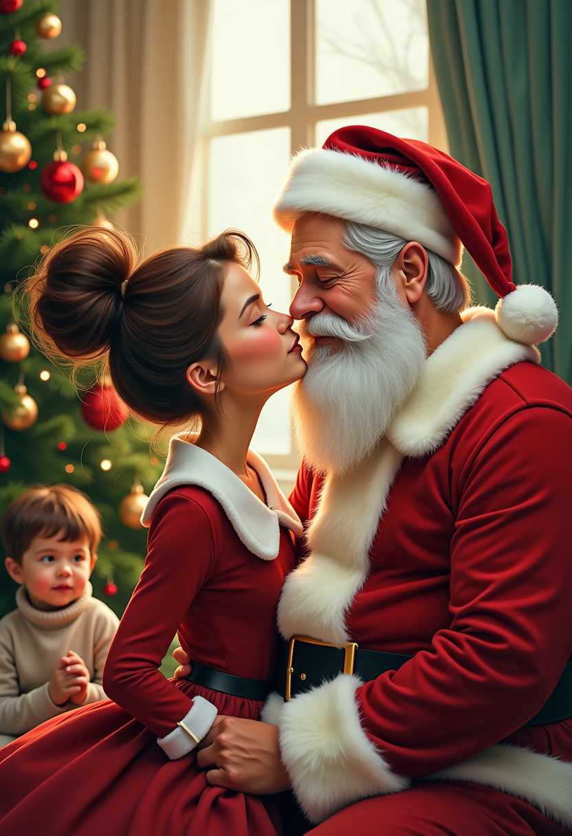 christmas scene, caricature of a woman with a brown messy bun sitting next to a man dressed as Santa with a white beard and hair giving him a kiss. child hiding behind a christmas tree watching in the background.
