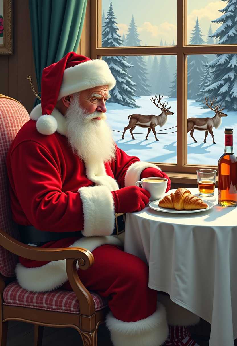 A hearty breakfast for Santa
Elderly Santa Claus wearing pajamas , striped socks and hat. He is having breakfast 
he sits on a chair seat with gingham seat and pillow  at a  table with white tablecloth 
On the table is a steaming cup of cappuccino and croissants, a bottle of whiskey and a glass 
Window behind him has a view of his empty sleigh in snow, pine trees and beautiful reindeer
Tenderness 
Soft strokes oil painting very realistic
