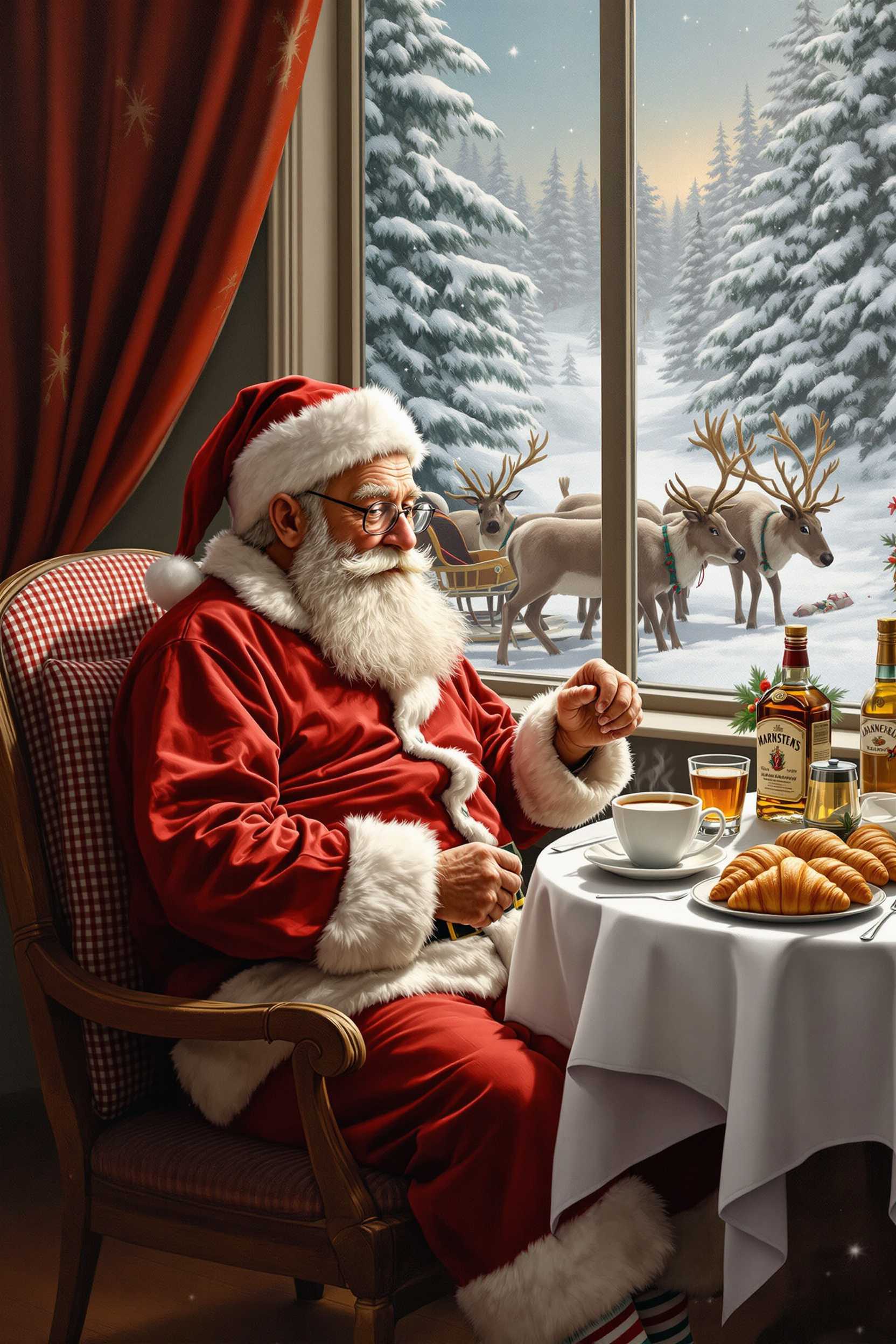 A hearty breakfast for Santa
Elderly Santa Claus wearing pajamas , striped socks and hat. He is having breakfast 
he sits on a chair seat with gingham seat and pillow  at a  table with white tablecloth 
On the table is a steaming cup of cappuccino and croissants, a bottle of whiskey and a glass 
Window behind him has a view of his empty sleigh in snow, pine trees and beautiful reindeer
Tenderness 
Soft strokes oil painting very realistic
