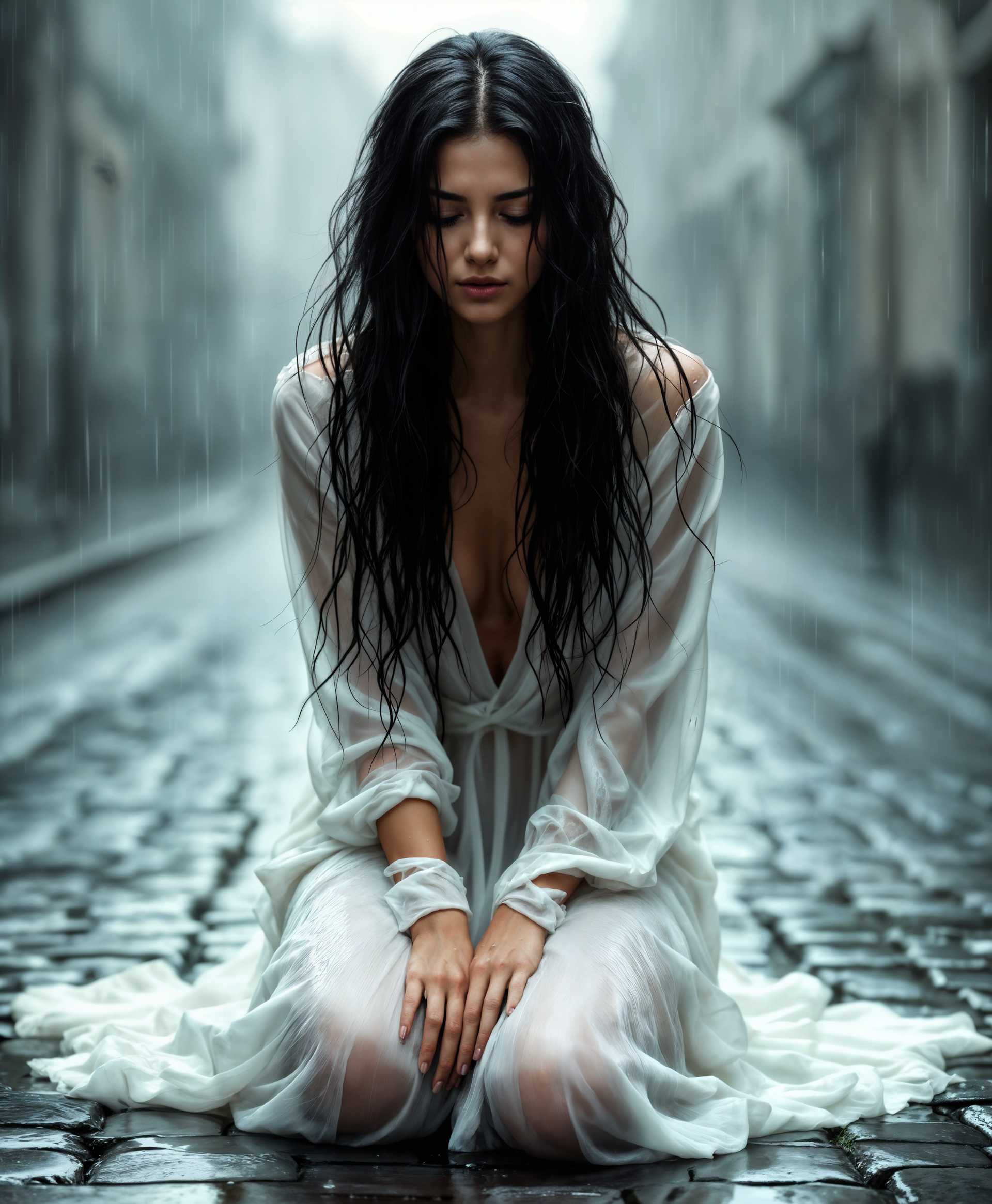 masterpiece, best quality, highres, sharp image, more detail, masterpiece, best quality, highres, sharp image, more detail, **Subject**: A woman in her thirties, with long, dark, rain-soaked hair, wearing a white, flowing dress now translucent from the rain, kneeling on a cobblestone street.

**Visual Details**: 
- **Colors**: The scene is dominated by grays, whites, and the muted colors of a rainy day, with the woman's dress providing a stark contrast in white.
- **Textures**: The cobblestones are wet and reflective, her hair clings to her face, and the fabric of her dress is heavy with water, clinging to her form.
- **Lighting**: The light is diffused, with overcast skies, creating soft shadows and highlights on the woman's face and dress.

**Style**: Photorealistic with an impressionistic touch to capture the emotional intensity, reminiscent of the dramatic lighting and emotional depth found in Romanticism art.

**Composition**: 
- **Layout**: The woman is centered in the frame, with her silhouette against the backdrop of a stormy sky. 
- **Camera Angle**: Low angle shot looking up, emphasizing her despair and the vastness of the sky above her.
- **Framing**: The edges of the frame are slightly blurred, focusing the viewer's attention on her emotional expression.

**Mood and Atmosphere**: 
- **Emotion**: The scene exudes deep sorrow, despair, and a longing for something lost or unattainable.
- **Time of Day**: Late afternoon, transitioning into evening, with the rain adding to the somber mood.
- **Weather**: Torrential rain, with visible raindrops and a sense of coldness.

**Technical Aspects**: 
- **Depth of Field**: Shallow, focusing sharply on the woman's face and allowing the background to blur slightly to enhance the emotional focus.
- **Lens**: Wide angle to capture the sense of being overwhelmed by the environment, yet intimate with the subject.

**Cohesion**: The elements combine to create an image that speaks of emotional turmoil, capturing a moment of profound sadness and introspection in a visually compelling narrative.