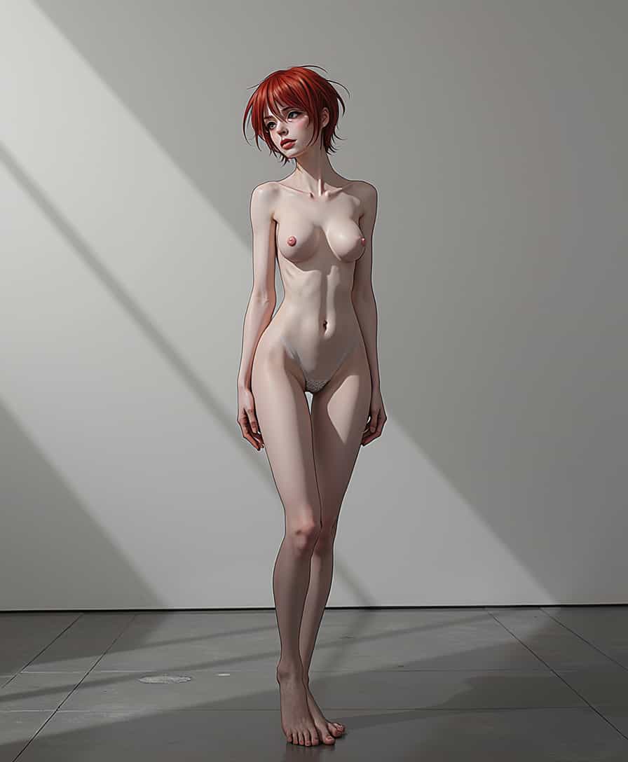 anime characterA 50-year-old woman with short red messy hair stands nude in the center of a wide, empty room, her posture relaxed but confident. The lighting is soft and diffuse, casting gentle shadows that highlight the curves of her body. The room is stark and minimalist, with clean, smooth walls and a polished concrete floor, all presented in black and white tones. The absence of furniture or decoration emphasizes the woman's presence, making her the sole focal point in the space. The composition focuses on simplicity and elegance, with the vast emptiness of the room enhancing the quiet solitude of the scene. The contrast of light and shadow adds depth and intimacy to the moment.
