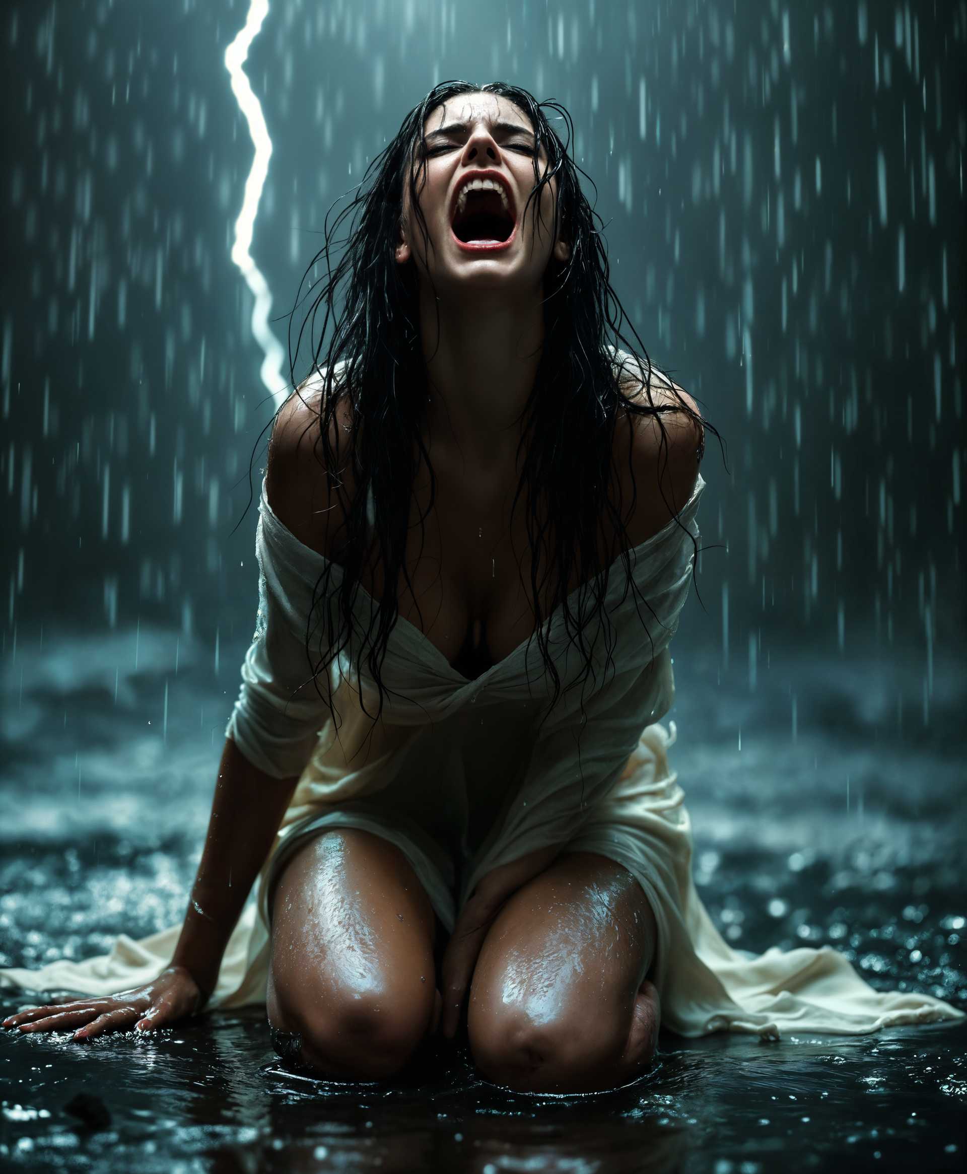 masterpiece, best quality, highres, sharp image, more detail, masterpiece, best quality, highres, sharp image, more detail, A dramatic scene of a **beautiful woman**, her face contorted in anguish, **screaming** towards the sky. She is **kneeling** on the wet ground, **rain** cascading around her, highlighting her **despair**. Her hair is **soaked**, strands clinging to her face, and her clothes are **drenched**, clinging to her form. The **lighting** is dim, with the only illumination coming from the occasional flash of lightning, casting **high contrast** shadows that emphasize her emotional turmoil. The **composition** is centered on her figure, with the camera **slightly tilted** to evoke a sense of chaos and imbalance. The **mood** is intensely emotional, conveying sadness, frustration, and a touch of defiance. The **atmosphere** is stormy, with raindrops creating a **soft focus** around her, and the **background** is blurred to keep the focus on her. The **style** is reminiscent of Baroque art, with its dramatic use of light and shadow, and emotional intensity, akin to the works of Caravaggio, yet with a modern, cinematic twist.