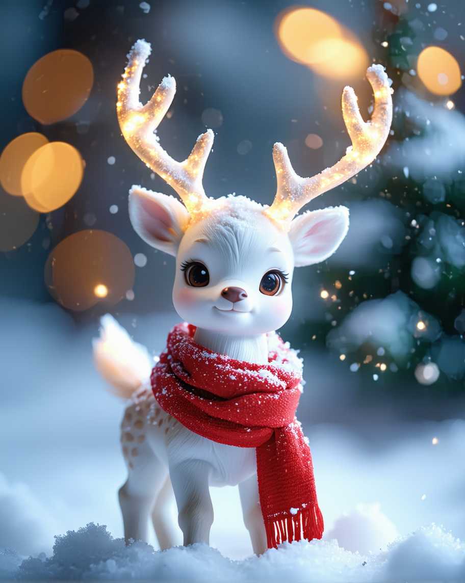 A cute white reindeer with glowing antlers and a red scarf, standing on snow with a blurred background of golden bokeh lights