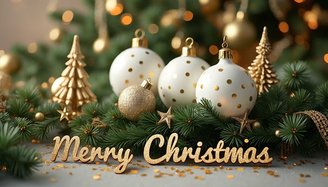 a festive Christmas scene filled with joyful elements. In the center, three elegant white Christmas ornaments with golden polka dots take the spotlight. These ornaments are nestled amidst lush green pine branches adorned with golden stars and ribbons. The scene is further enhanced by delicate golden Christmas trees and confetti scattered around. The words "Merry Christmas" are elegantly written in gold at the bottom, completing the festive tableau. The overall ambiance is one of celebration, warmth, and the spirit of Christmas.