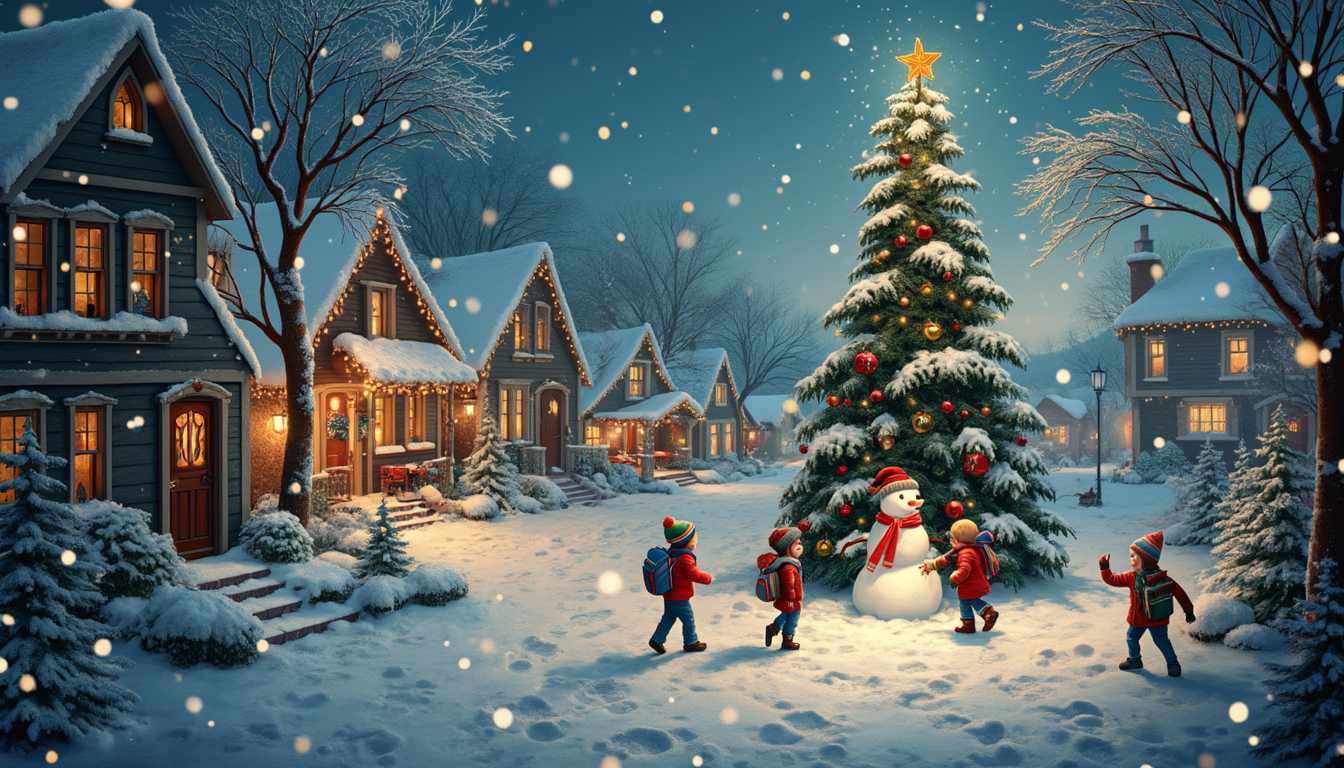 A whimsical village blanketed in a soft layer of glistening snow, each rooftop adorned with frosted icicles that shimmer like diamonds in the gentle twilight. Twinkling lights drape from the eaves, casting a warm, golden glow that dances upon the untouched white surface, creating a magical contrast against the deepening blue of the evening sky. In the center, a towering evergreen stands proudly, its branches heavy with snow and vibrant ornaments, twinkling like stars against the serene backdrop, while a handmade wooden star perched atop glows with a soft, inviting light.

Children bundled in colorful scarves and mittens laugh and play, leaving trails of footprints in the snow as they build a jolly snowman adorned with a carrot nose and a bright red scarf. The air is crisp and filled with the sweet scent of pine and the faint sound of cheerful carols wafting from nearby homes, where windows glow warmly, revealing families gathered around crackling fires. Wisps of smoke curl lazily from chimneys, merging with the chilly air, while the distant sound of sleigh bells jingles softly, evoking a sense of nostalgia and joy.

The scene is framed by snow-laden trees, their branches drooping under the weight, creating a natural archway that invites the viewer into this enchanted winter wonderland. The perspective draws the eye toward the heart of the village, where the spirit of Christmas radiates, encapsulating the essence of warmth, joy, and togetherness in a landscape transformed by snow’s delicate touch.