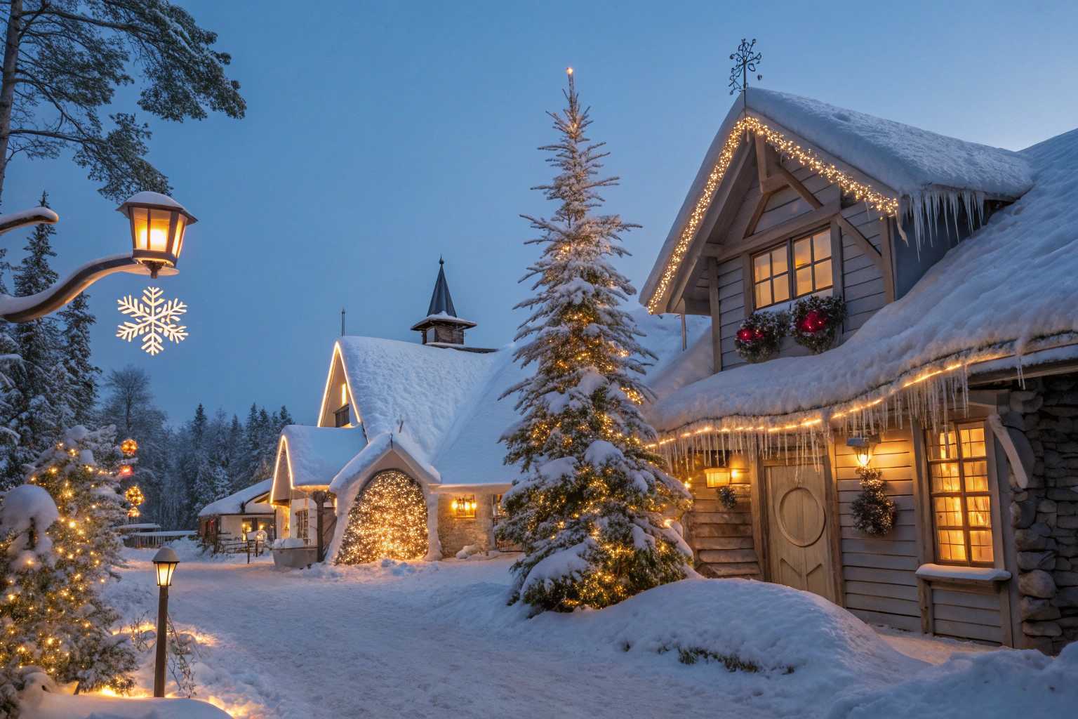 A whimsical village blanketed in a soft layer of glistening snow, each rooftop adorned with frosted icicles that shimmer like diamonds in the gentle twilight. Twinkling lights drape from the eaves, casting a warm, golden glow that dances upon the untouched white surface, creating a magical contrast against the deepening blue of the evening sky. In the center, a towering evergreen stands proudly, its branches heavy with snow and vibrant ornaments, twinkling like stars against the serene backdrop, while a handmade wooden star perched atop glows with a soft, inviting light.

Children bundled in colorful scarves and mittens laugh and play, leaving trails of footprints in the snow as they build a jolly snowman adorned with a carrot nose and a bright red scarf. The air is crisp and filled with the sweet scent of pine and the faint sound of cheerful carols wafting from nearby homes, where windows glow warmly, revealing families gathered around crackling fires. Wisps of smoke curl lazily from chimneys, merging with the chilly air, while the distant sound of sleigh bells jingles softly, evoking a sense of nostalgia and joy.

The scene is framed by snow-laden trees, their branches drooping under the weight, creating a natural archway that invites the viewer into this enchanted winter wonderland. The perspective draws the eye toward the heart of the village, where the spirit of Christmas radiates, encapsulating the essence of warmth, joy, and togetherness in a landscape transformed by snow’s delicate touch.