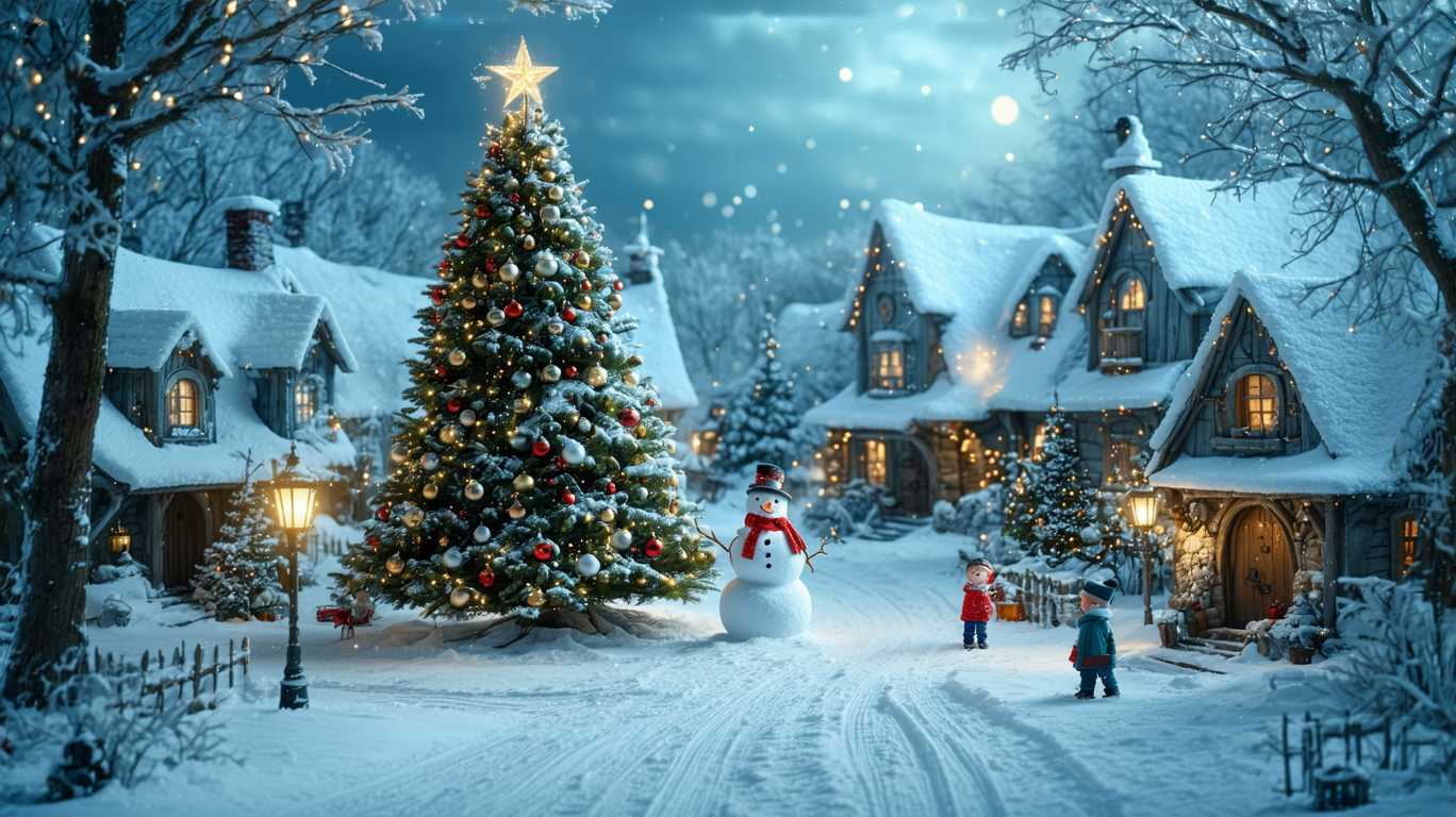 A whimsical village blanketed in a soft layer of glistening snow, each rooftop adorned with frosted icicles that shimmer like diamonds in the gentle twilight. Twinkling lights drape from the eaves, casting a warm, golden glow that dances upon the untouched white surface, creating a magical contrast against the deepening blue of the evening sky. In the center, a towering evergreen stands proudly, its branches heavy with snow and vibrant ornaments, twinkling like stars against the serene backdrop, while a handmade wooden star perched atop glows with a soft, inviting light.

Children bundled in colorful scarves and mittens laugh and play, leaving trails of footprints in the snow as they build a jolly snowman adorned with a carrot nose and a bright red scarf. The air is crisp and filled with the sweet scent of pine and the faint sound of cheerful carols wafting from nearby homes, where windows glow warmly, revealing families gathered around crackling fires. Wisps of smoke curl lazily from chimneys, merging with the chilly air, while the distant sound of sleigh bells jingles softly, evoking a sense of nostalgia and joy.

The scene is framed by snow-laden trees, their branches drooping under the weight, creating a natural archway that invites the viewer into this enchanted winter wonderland. The perspective draws the eye toward the heart of the village, where the spirit of Christmas radiates, encapsulating the essence of warmth, joy, and togetherness in a landscape transformed by snow’s delicate touch.