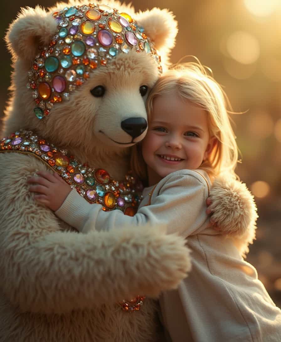 a fantasy picture of a child being hugged by a bear with fluffy fur adorned with jewels  which glisten in the sun