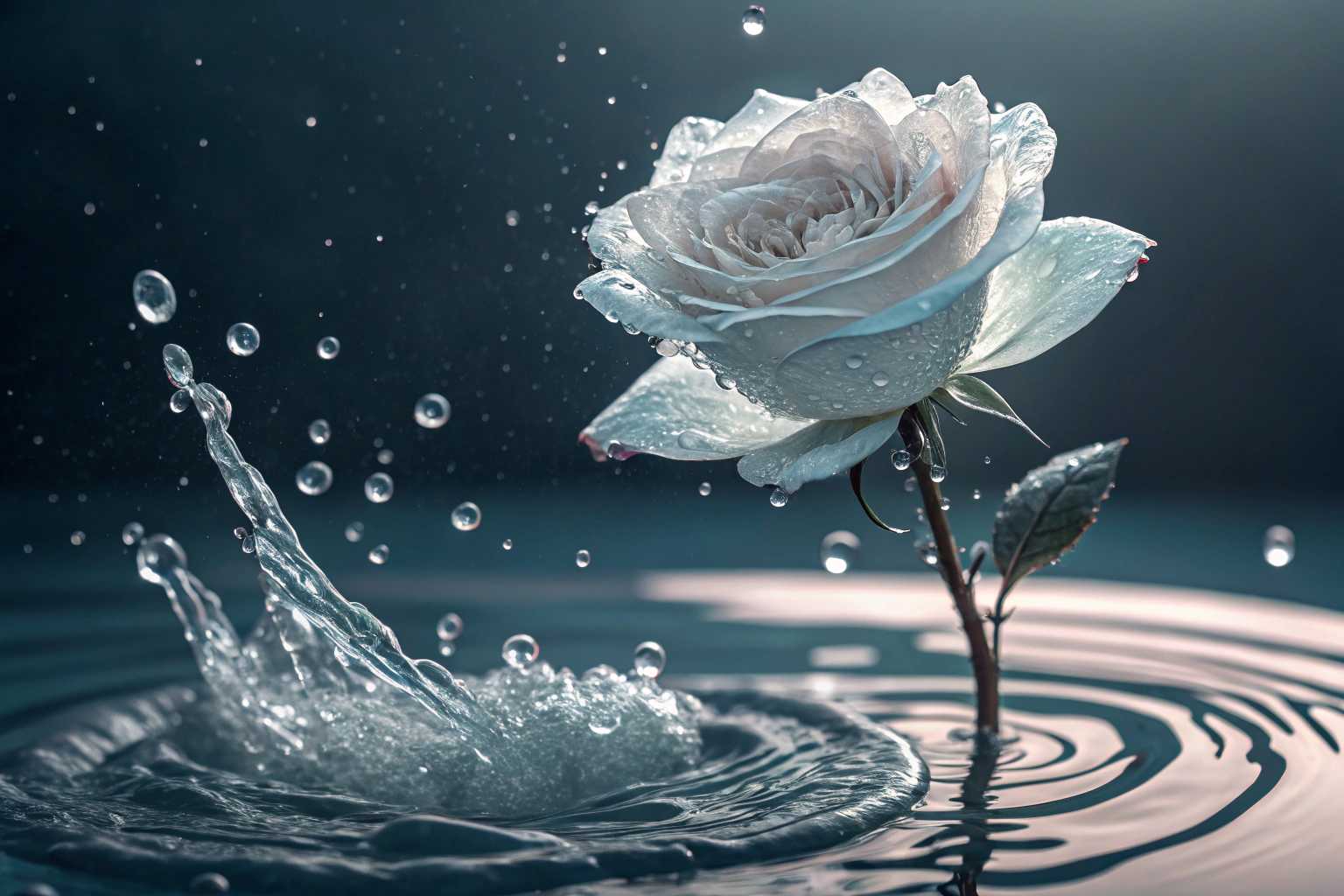 A surreal and dreamy water rose, its petals made of crystal clear water growing from water surface with waves. The scene is vivid and intense, emphasizing the contrast between the flower's clarity and transparency, set against the darker background background.