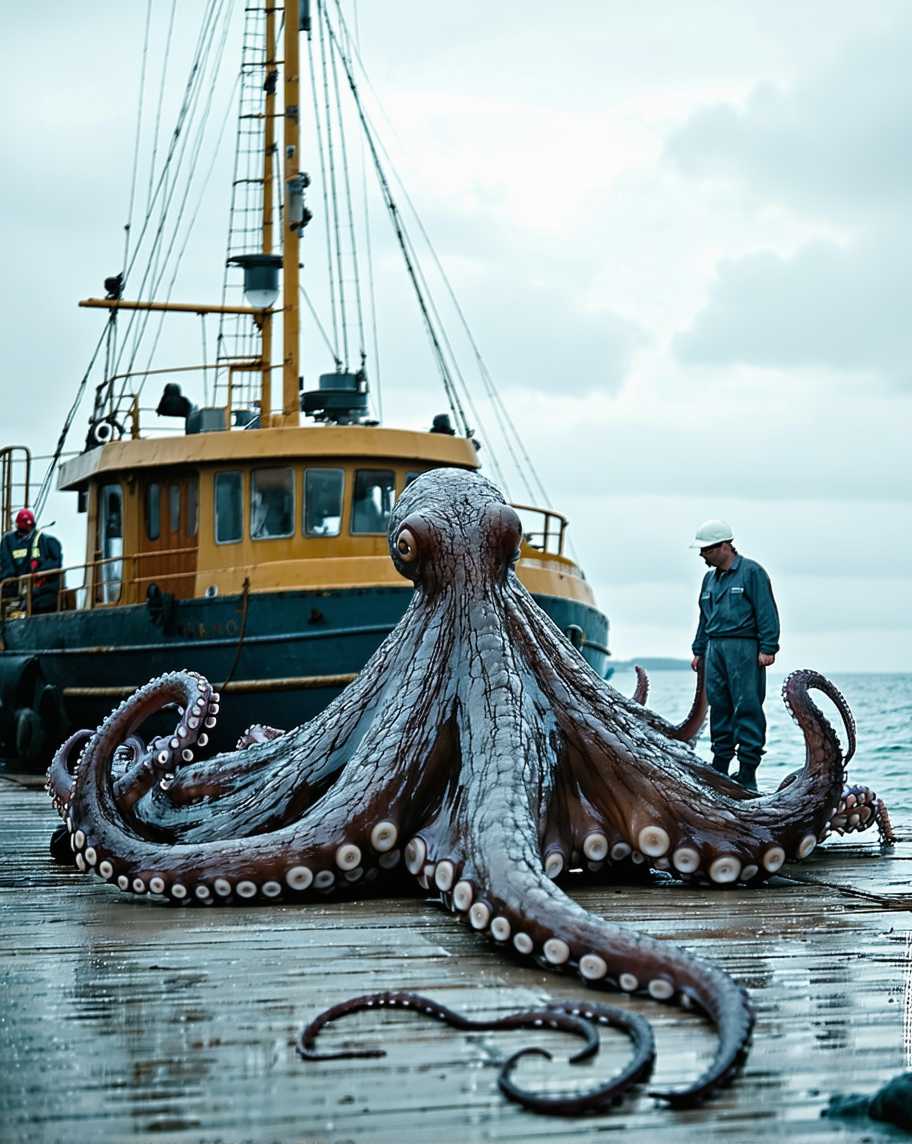 A massive, giant octopus, with intricate and realistic details, lying on the deck of a fishing boat. The setting includes a calm ocean under a cloudy sky, with fishermen in modern work attire standing nearby, marveling at the creature. The scene should appear both surreal and realistic, with a slightly dramatic and mysterious atmosphere.
