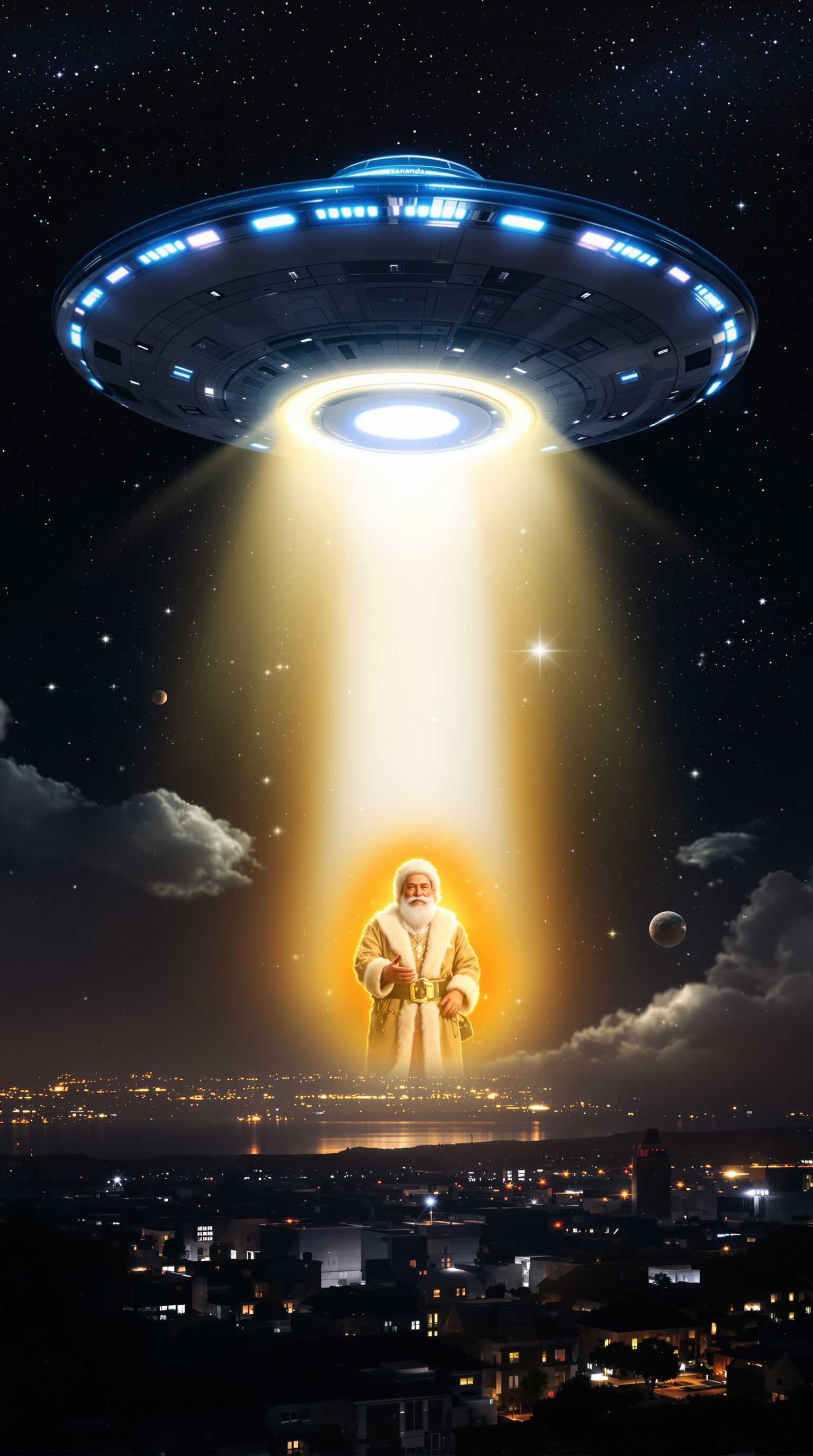 Imagine a nighttime sky above a city, shrouded in an aura of mystery and spirituality. A majestic UFO spaceship, with reflective surfaces and pulsating blue and white lights, hovers silently in the sky, casting a soft, ethereal glow over the surroundings. Beneath the ship, a circular opening emits a brilliant white light, creating an aura of peace and serenity.

In front of the ship, visible to all, stands Sananda, enveloped in a golden light aura. Sananda, with a serene and majestic expression, exudes a sense of calm and wisdom, delivering a message of peace and love. Beside him, Santa Claus is depicted in a symbolic robe, with a cheerful and jovial expression, yet surrounded by an aura representing illusion and materialism. This juxtaposition highlights the contrast between true spirituality and the temptations of materialism.

Around this scene, the city sleeps peacefully, with a few citizens gazing up at the sky, amazed and captivated by the celestial apparition. The atmosphere is charged with positive energy and a sense of community, promising new discoveries and renewed hope for the future.