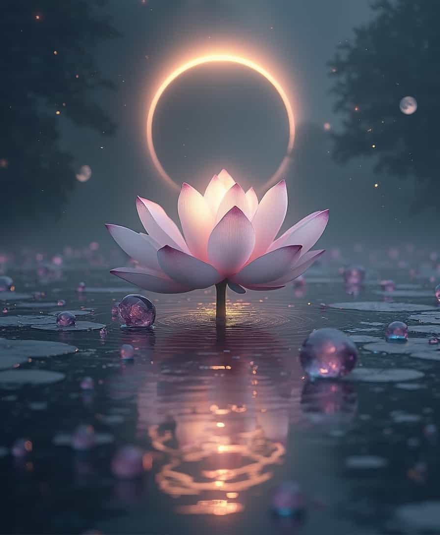 Floating Lotus: A single, glowing lotus suspended in an endless void or over still, reflective water. The lotus symbolizes spiritual awakening and the purity of love emerging from the depths of emptiness.	•	Eclipsed Light: A soft glow emanating from a partially eclipsed moon or sun in the background, suggesting mystery and divine illumination.	•	Crystal Orbs: Scattered, translucent crystal orbs floating weightlessly in the composition, catching the light and adding a surreal, otherworldly touch.	•	Color Palette: Muted, dreamy tones like pearl whites, pale golds, dusky purples, and twilight blues, contrasted by deep blacks and silvers to enhance the serenity and mysticism.