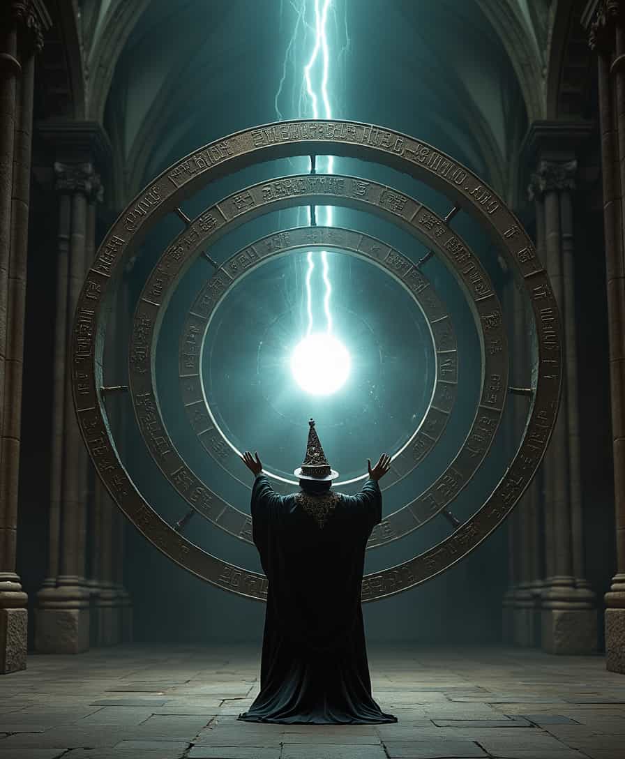 The image captures a massive, dark gothic hall with towering stone walls and intricate arches that recede into deep shadows, creating a sense of grandeur and mystery. Dominating the center is a glowing, mystical gyroscope, composed of concentric metallic rings, each inscribed with ancient runes that shimmer faintly in the dim light. The rings rotate independently around a luminous central orb, which casts a radiant white-blue glow, illuminating the immediate area with an ethereal light. A powerful beam of energy extends vertically from this orb, piercing the darkness above. In front of the gyroscope stands a robed figure, reminiscent of 19th-century Christian aesthetics, dressed in flowing dark robes that contrast with the bright orb. The figure wears a tall, pointed helmet intricately adorned with patterns and crosses, symbolizing authority and mysticism. Their hands are raised, fingers splayed as if they are manipulating or stabilizing the gyroscope's immense power. The hall's stone textures are rough and cold, enhancing the gothic atmosphere. Keywords: gothic, mystical, dark, ethereal, dramatic lighting, high contrast, intricate details, majestic composition, vertical perspective, supernatural elements, ancient runes, historical aesthetic.