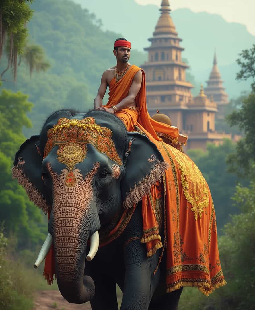On the foreground, a large elephant adorned with bright fabrics and golden ornaments. An Indian man with traditional clothing and a red bindi on his forehead is sitting on the elephant’s back. The elephant looks majestic and calm. In the background, a Buddhist temple with a pagoda is surrounded by lush greenery, creating a peaceful and harmonious atmosphere with soft lighting.