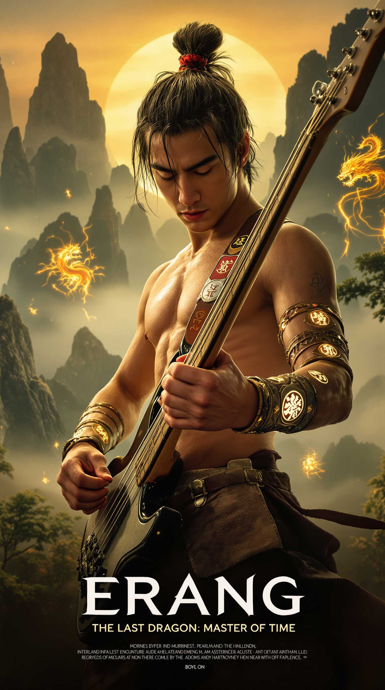 Prompt: “Close-up of fingers dynamically playing the strings of a bass guitar, with vivid detail, capturing the energy and rhythm. In the background, a young warrior with a chiseled physique and sharp facial features, reminiscent of Bruce Lee, stands in a commanding combat stance. His bare torso highlights every defined muscle, reflecting his mastery of martial arts. He wears rugged, weathered Shaolin-style short pants, emphasizing his connection to ancient traditions. Both his arms, from wrists to elbows, and his legs, from ankles to knees, are adorned with 12 intricately crafted bronze rings on each limb, engraved with glowing hexagrams that pulse faintly with energy. The cinematic backdrop features towering mystical mountains shrouded in morning mist, illuminated by the golden hues of a rising sun. Subtle yet powerful symbols of a tiger and a dragon emerge in the air, faintly glowing, symbolizing balance and duality. Dynamic lighting accentuates the scene, highlighting the warrior’s aura of power and serenity. At the bottom, the bold title ‘ERANG’ is displayed prominently, accompanied by the tagline ‘The Last Dragon: Master of Time,’ in sleek and modern typography that complements the mystical and intense visual narrative.”