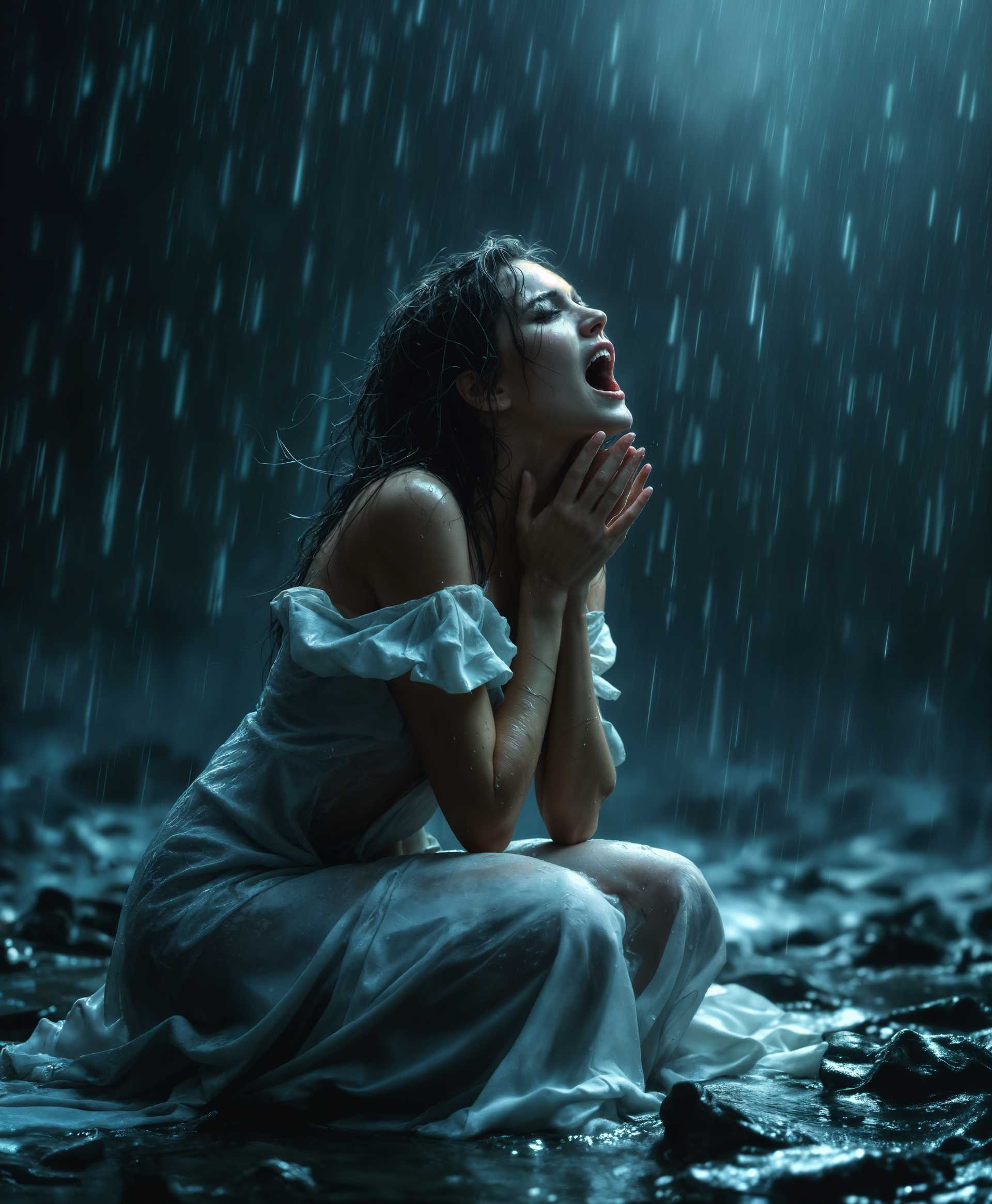 masterpiece, best quality, highres, sharp image, more detail, masterpiece, best quality, highres, sharp image, more detail, A dramatic scene of a **beautiful woman**, her face contorted in anguish, **screaming** towards the sky. She is **kneeling** on the wet ground, **rain** cascading around her, highlighting her **despair**. Her hair is **soaked**, strands clinging to her face, and her clothes are **drenched**, clinging to her form. The **lighting** is dim, with the only illumination coming from the occasional flash of lightning, casting **high contrast** shadows that emphasize her emotional turmoil. The **composition** is centered on her figure, with the camera **slightly tilted** to evoke a sense of chaos and imbalance. The **mood** is intensely emotional, conveying sadness, frustration, and a touch of defiance. The **atmosphere** is stormy, with raindrops creating a **soft focus** around her, and the **background** is blurred to keep the focus on her. The **style** is reminiscent of Baroque art, with its dramatic use of light and shadow, and emotional intensity, akin to the works of Caravaggio, yet with a modern, cinematic twist.