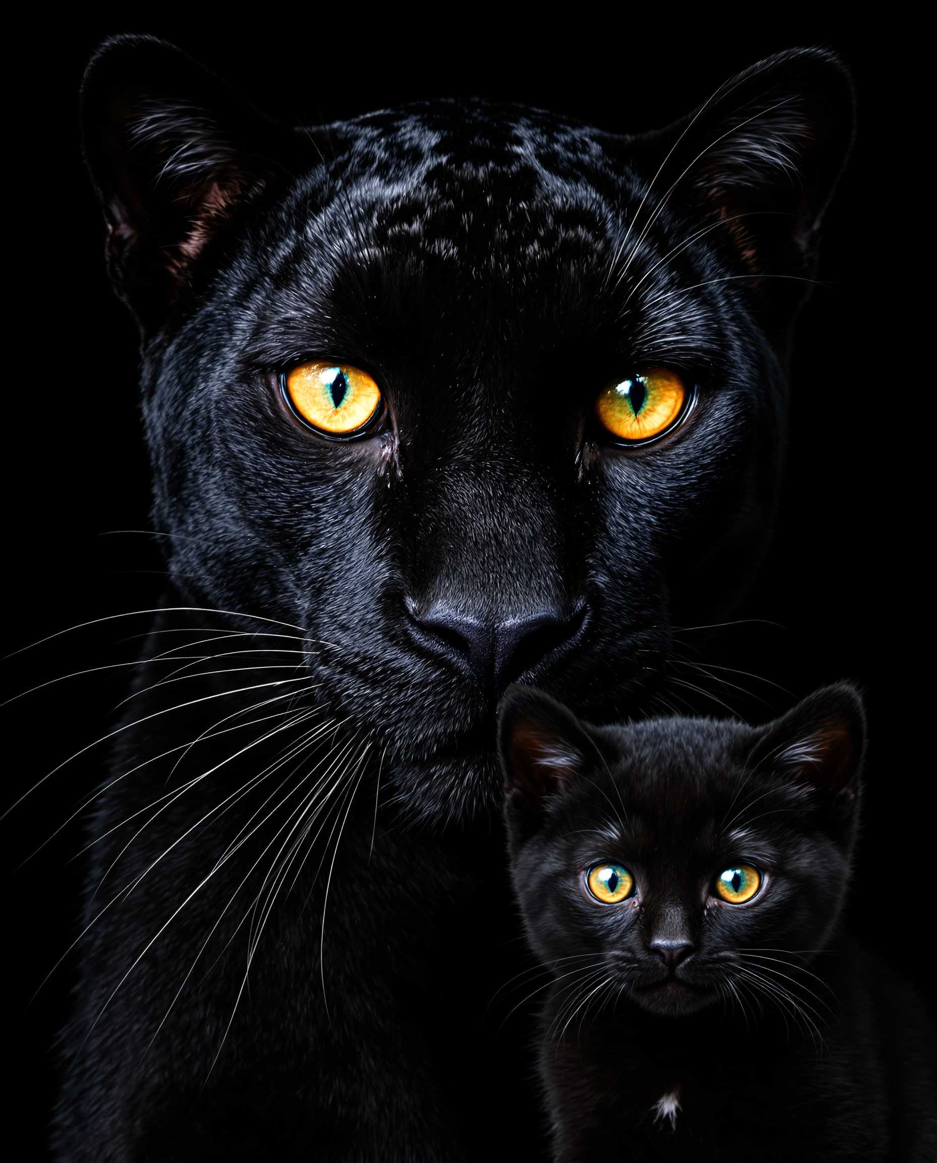 hyper realistic photo of black panther head with bright eyes,  in front a little black kitten with same bright eyes, black background