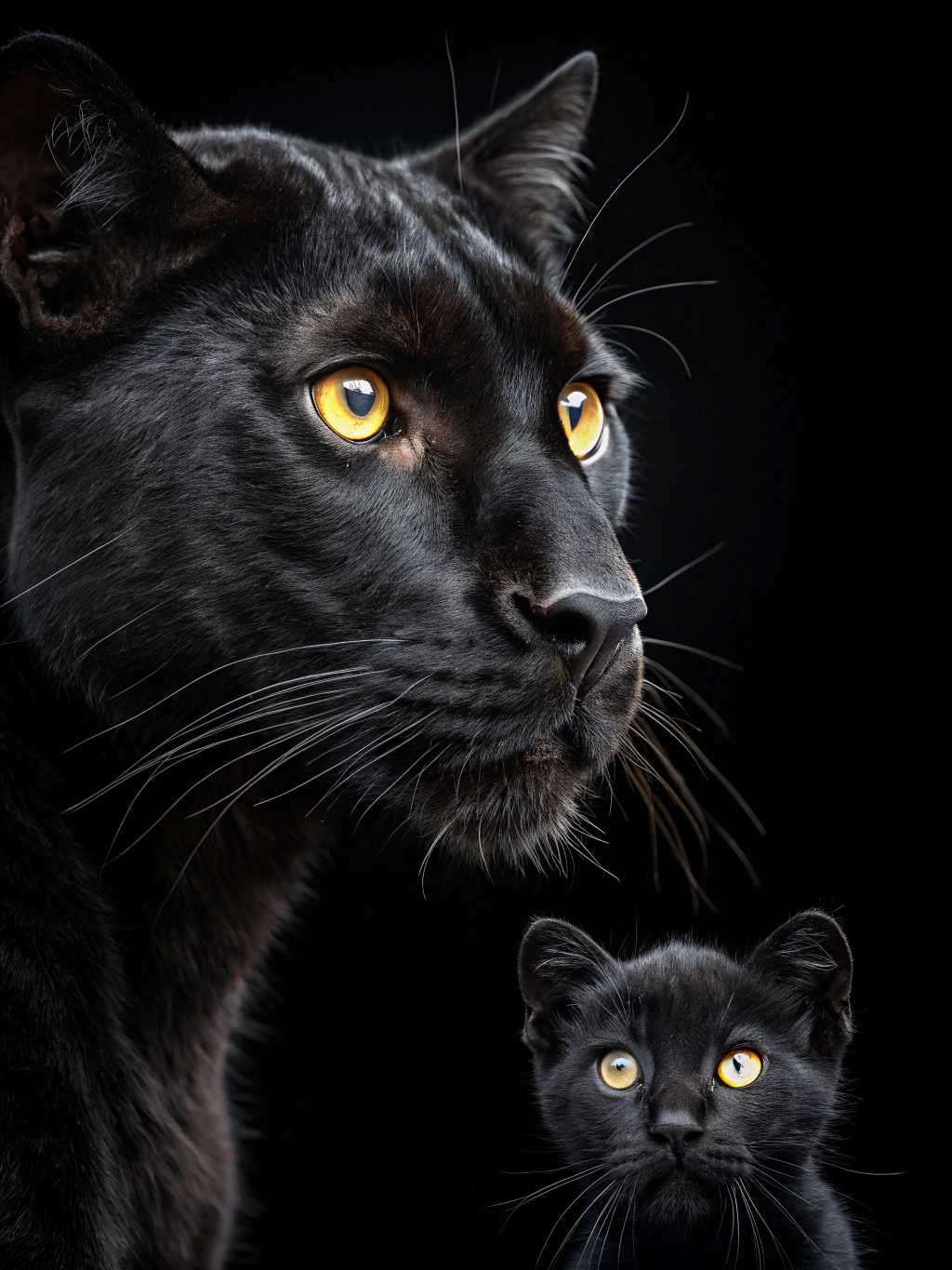 hyper realistic photo of black panther head with bright eyes,  in front a little black kitten with same bright eyes, black background