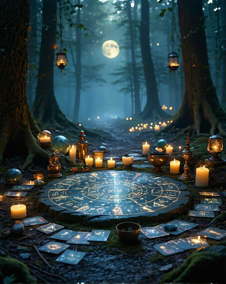 A mystical, serene scene of a sacred altar deep within an enchanted forest at dusk. The altar is circular and carved from ancient stone, covered with glowing runes and symbols of the zodiac. Around the altar are shimmering crystal balls, tarot cards, and a golden chalice, all softly illuminated by floating lanterns and flickering candles. In the background, ethereal light filters through tall, twisted trees, casting long shadows. A mist swirls at ground level, giving the scene a dreamlike quality, while a crescent moon and a cluster of sparkling stars hang in the twilight sky. The atmosphere feels magical, inviting, and charged with divine energy, perfect for introspection and connection to higher realms.