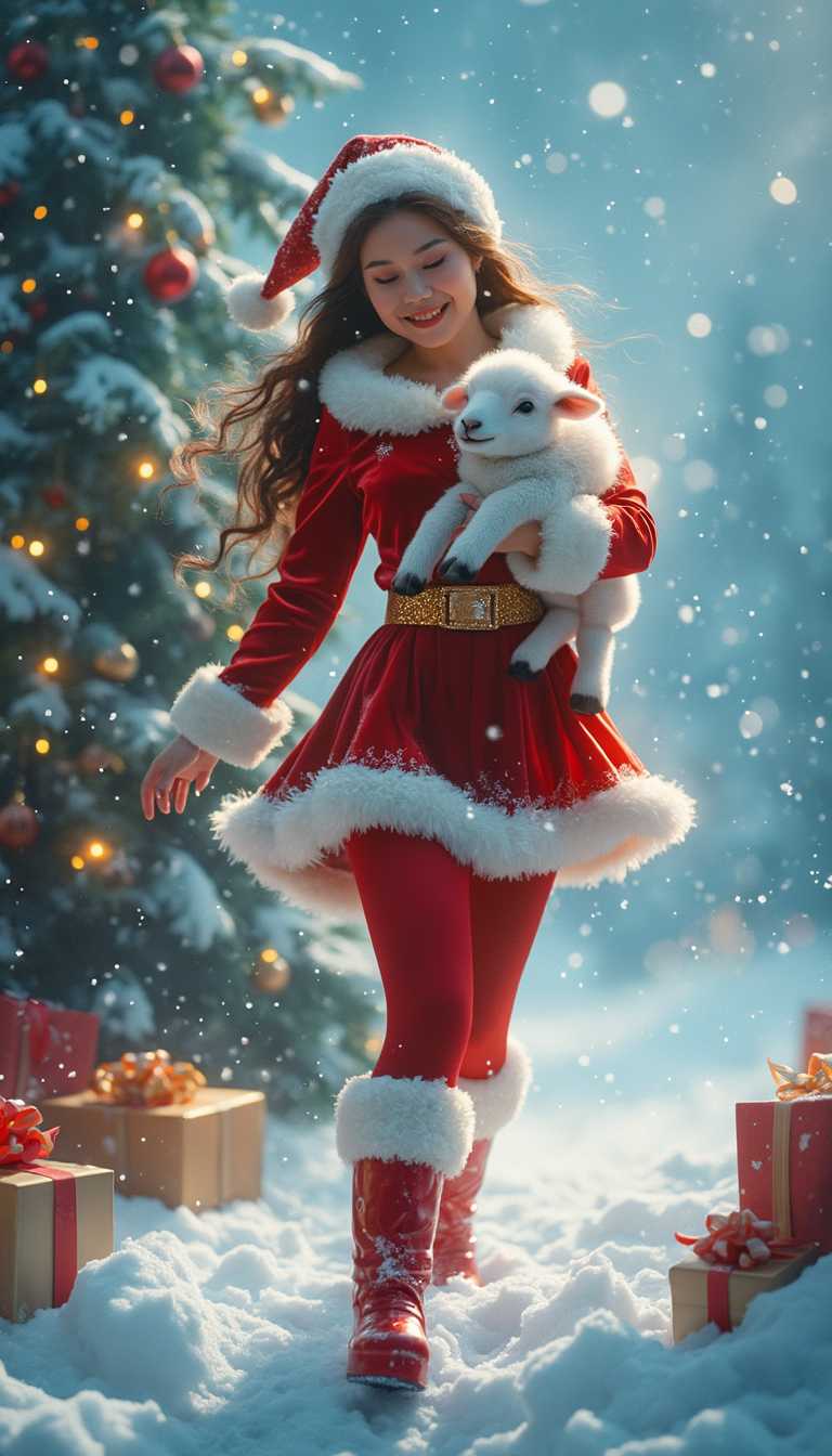 A fantastical young woman bursts into the scene, set in a whimsical North Pole Christmas wonderland. She is clad in a vibrant, form-fitting Santa outfit crafted from rich crimson fabric, adorned with fluffy white trim that seems to dance with the snowy breeze. Her knee-high boots, sparkling with delicate fur cuffs, leave a trail of shimmering snowflakes as she moves with an energetic grace, capturing the essence of action photography in this enchanting setting. Cradled gently in her arms is a tiny lamb, its fluffy white fleece glowing against the backdrop of a magical winter landscape. 

Surrounding her is a lively atmosphere filled with the spirit of the season: a grand Christmas tree towers nearby, its branches heavy with shining ornaments and flickering lights that twinkle like stars. Colorfully wrapped gifts lie scattered around, inviting wonder and excitement. Snowflakes swirl playfully through the air, illuminated by the ethereal light of the Northern sky, creating a breathtaking scene that blends fantasy cinematic elements with fairy tale charm. The air is thick with magic, as glimmers of light spiral around her, making the entire composition feel like a vivid dream captured in a fantastical cartoon style.