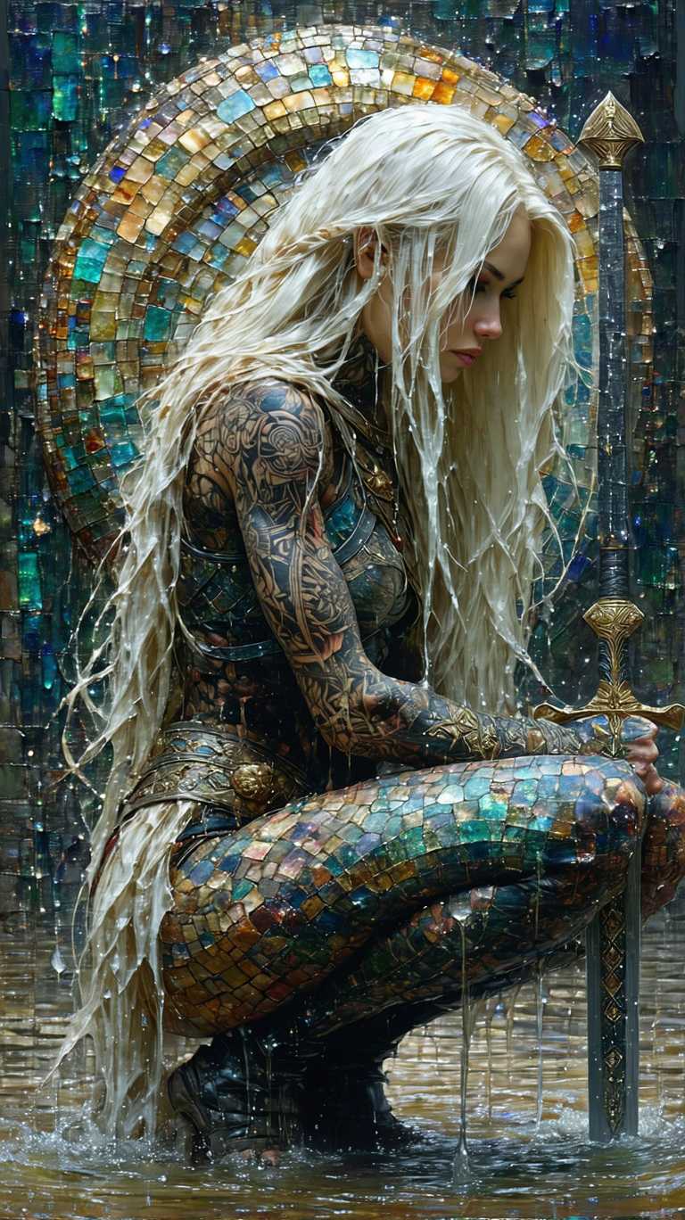 A hyper-realistic close-up of a tattooed buxom blonde long-haired viking warrior kneeling on her sword, created in encaustic fantasy pointillism gemstone mosaic op art style. The warrior is depicted using Helioceras heteromorph ammonite patterns, set in an action pose within an alien fractal metropolis. The artwork is executed in the unmistakable style of B3YOND, with thick strokes, dripping paint, and a reflective water element. side angle.