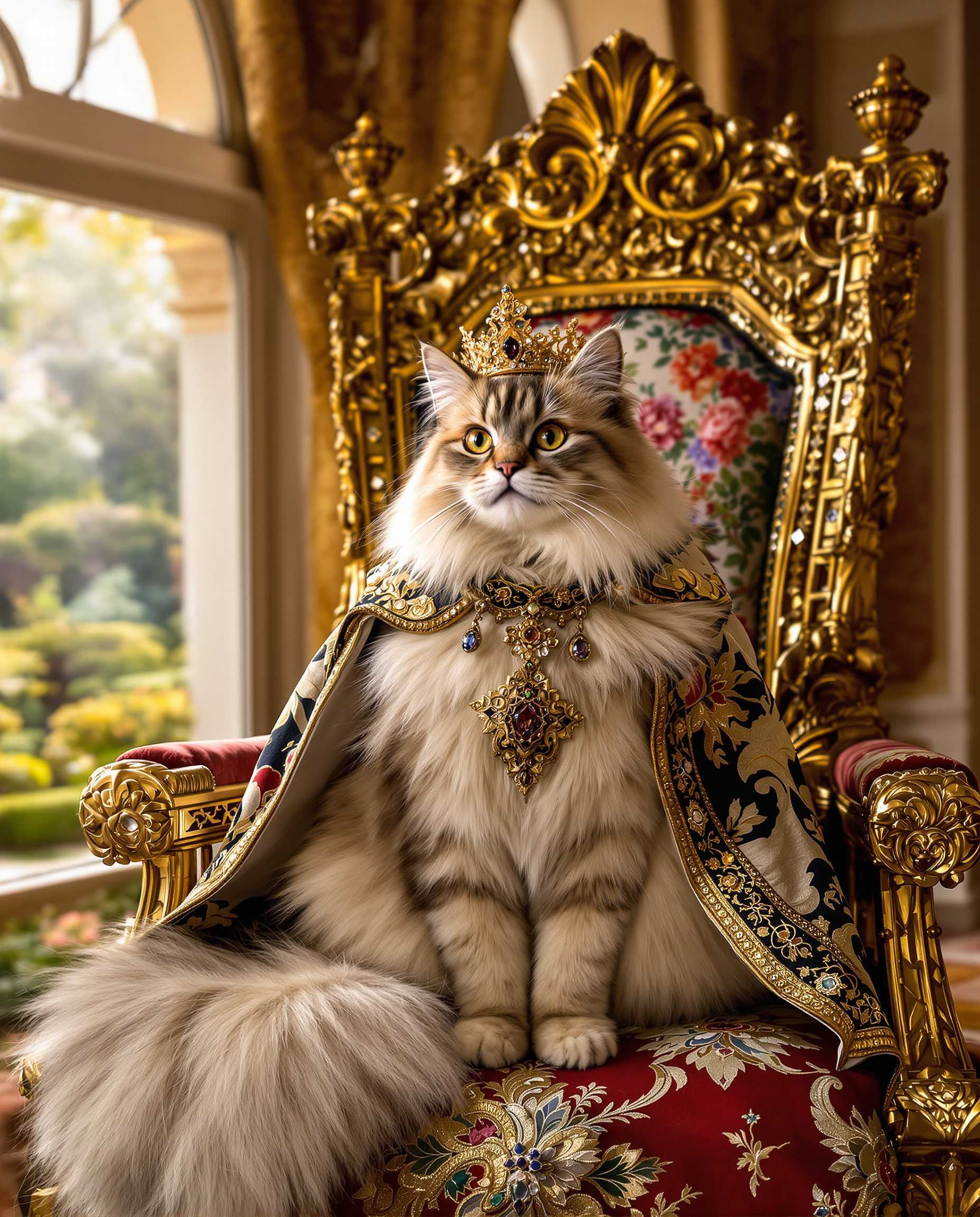 Fashion portrait of Persian Shah Cat, A graceful Persian cat with long, silken fur, seated on a jewel-encrusted throne with intricate floral patterns. The cat wears a crown of gold filigree and a royal cape of embroidered silk. The background features an opulent palace with arched windows overlooking a lush garden bathed in soft, golden light