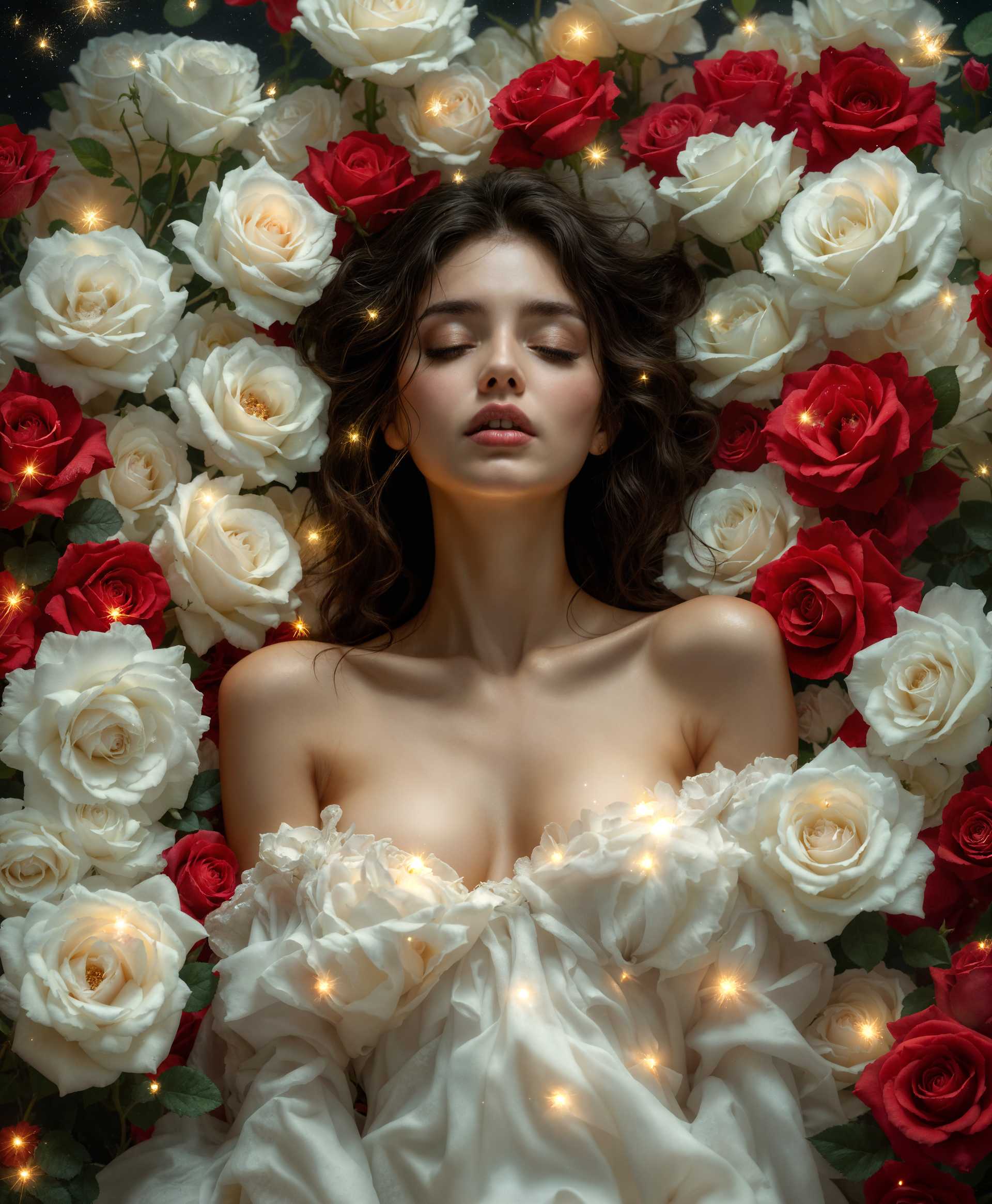 masterpiece, best quality, highres, sharp image, more detail, masterpiece, best quality, highres, sharp image, more detail, A serene woman, her delicate form reclining amidst an ethereal bed of **white and red roses**, their petals softly illuminated by the **moonlight**. The scene unfolds under a **starlit sky**, where **fireflies** dance with an otherworldly glow, casting a gentle luminescence. The **artistic style** evokes the romanticism of **Pre-Raphaelite paintings**, with meticulous attention to the **texture** of the petals, the **soft focus** of the surrounding flora, and the **ethereal lighting**. 

- **Visual Elements**: The roses are depicted with **hyper-realistic detail**, showcasing the **velvety texture** of the red petals and the **dew-kissed** white roses. Fireflies emit a **warm, golden light** that contrasts with the **cool, silver** moonlight.

- **Composition**: The woman lies in the **center**, her silhouette framed by the **soft curves of the roses** and the **fireflies** creating a natural halo effect around her. The camera angle is **slightly above**, looking down on this peaceful scene, capturing the **depth** of the rose bed and the **height** of the fireflies.

- **Mood and Atmosphere**: The image exudes **tranquility** and **mystique**, with the **quiet night** enveloping the scene in a **dreamlike quality**. The **atmosphere** is **cool** yet **inviting**, with the **moon's reflection** adding a touch of **magic**.

- **Technical Aspects**: Utilize **soft focus** for the background to emphasize the subject, apply **chiaroscuro** for dramatic lighting contrast, and ensure **high dynamic range** to capture the subtle variations in light from the **moonlight** and **fireflies**.