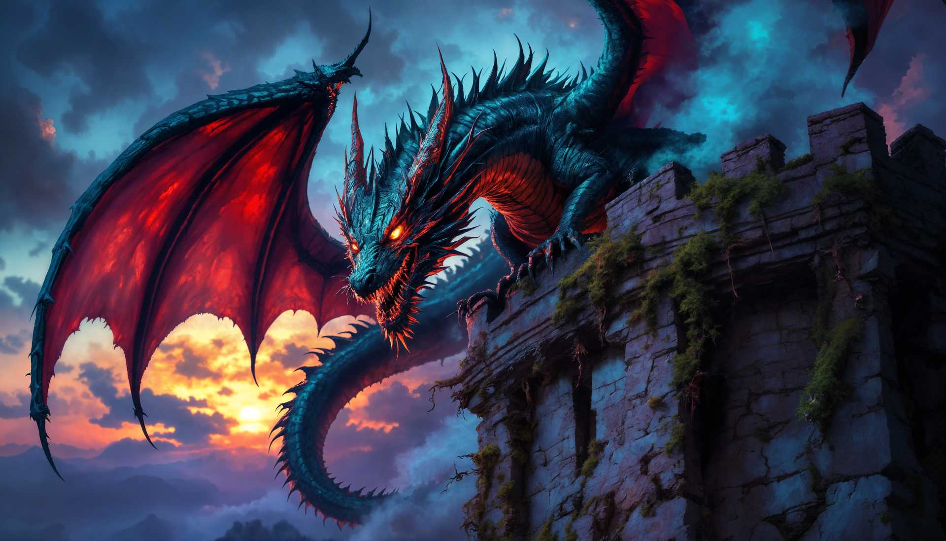 masterpiece, best quality, highres, sharp image, more detail, masterpiece, best quality, highres, sharp image, more detail, Generate an image of a **majestic and menacing dragon** perched atop an ancient, **crumbling stone tower**. The dragon's scales gleam with an iridescent sheen, reflecting a mix of deep emerald and crimson under a twilight sky. Its eyes burn with an **intense, malevolent gaze**, as if ready to unleash its fiery breath upon the unsuspecting humans below. 

- **Visual Details**: The dragon's body is muscular and sinuous, with sharp, jagged spines running down its back. Its wings are slightly unfurled, showing off the intricate, bat-like webbing. Smoke curls from its nostrils, hinting at the impending fire breath. The tower itself is weatherworn, covered in moss and vines, with crumbling masonry that contrasts sharply with the dragon's pristine form.

- **Style**: Capture this scene in the style of epic fantasy art, reminiscent of artists like Frank Frazetta, with dramatic chiaroscuro lighting to enhance the ominous mood. Use a high-definition, photorealistic rendering with a touch of surrealism to make the dragon's presence more otherworldly.

- **Composition**: Position the camera at a low angle, looking up towards the dragon, emphasizing its dominance and the tower's height. The humans below should be visible but small, enhancing the dragon's scale and power. Use a wide-angle lens to capture the vastness of the scene.

- **Mood and Atmosphere**: The atmosphere is thick with tension, the air charged with the imminent threat of the dragon's attack. The sky is painted in hues of orange and purple, signifying the end of day, with storm clouds gathering ominously. The wind whips through the scene, adding movement to the dragon's mane and the tattered banners hanging from the tower.

- **Technical Aspects**: Utilize techniques like depth of field to blur the distant landscape, focusing sharply on the dragon and the tower. Employ dynamic range compression to highlight the contrast between the dark, brooding sky and the lit areas around the dragon's fiery breath.

- **Cohesion**: The scene should evoke a feeling of awe and fear, with every element from the dragon's pose to the stormy weather contributing to the narrative of an impending battle or confrontation. The dragon's malevolent intent should be palpable, creating a unified, compelling image that tells a story of power, defiance, and impending doom.