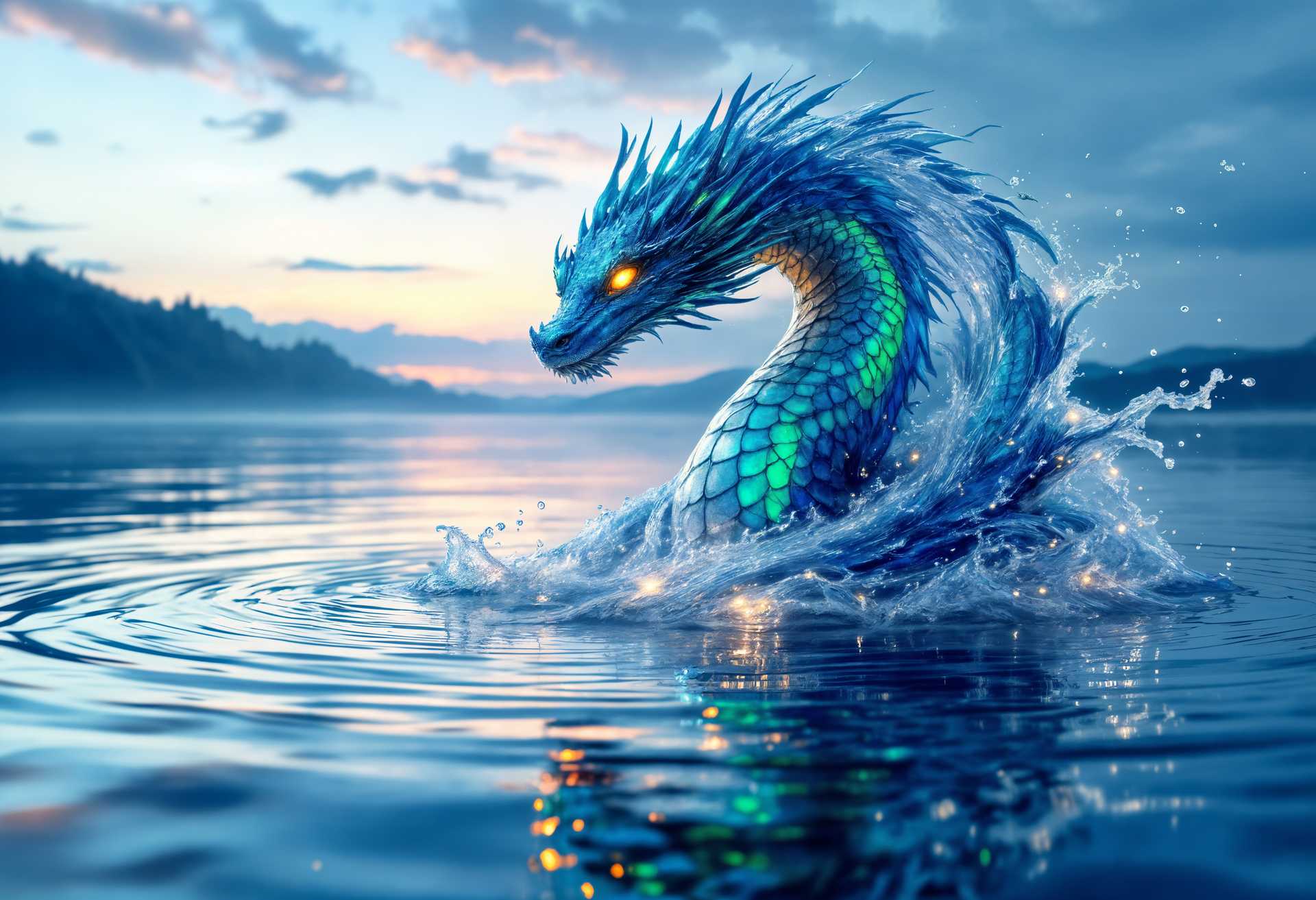 masterpiece, best quality, highres, sharp image, more detail, masterpiece, best quality, highres, sharp image, more detail, **Subject**: A majestic water dragon, its scales shimmering with iridescent hues of blue and green, poised atop the calm, reflective surface of a serene lake.

**Action**: The dragon is preparing to unleash its water wave powers; its eyes glow with an inner light, and its mouth is slightly open, ready to release a powerful surge of water.

**Visual Details**:
- **Scales**: Each scale reflects light, creating a spectrum of colors from deep sea blue to vibrant teal, with hints of silver.
- **Water**: The lake's surface is almost mirror-like, with gentle ripples extending from where the dragon stands, suggesting its presence and readiness.
- **Lighting**: The scene occurs at twilight, with soft, diffused light casting long shadows and highlighting the dragon's form against the water.

**Style**: 
- Inspired by the art nouveau movement, with fluid lines and organic forms, yet with a touch of fantasy realism to bring the mythical creature to life.
- Utilize a wide-angle lens effect to capture the grandeur of the dragon and the surrounding environment.

**Composition**: 
- The dragon is centered, dominating the foreground, with the lake stretching into the horizon, creating depth.
- Camera positioned slightly below eye level to emphasize the dragon's imposing presence and the impending action.

**Mood and Atmosphere**: 
- An air of anticipation and wonder, with the tranquil setting juxtaposed against the potential for sudden, powerful action.
- The atmosphere is misty, with a hint of fog rolling in from the background, enhancing the mystical feel.

**Technical Aspects**:
- Depth of Field: Shallow focus to keep the dragon sharp while the background subtly blurs, focusing attention on the central action.
- Color Palette: Predominantly cool tones with splashes of warm colors where the dragon's power is about to manifest, creating visual contrast.
- Use of motion blur to suggest the imminent wave that will soon ripple outward from the dragon.

**Cohesion**: 
- The dragon's form and the water's surface are in harmony, with the water's ripples echoing the dragon's scales, creating a visual symphony of movement and stillness.