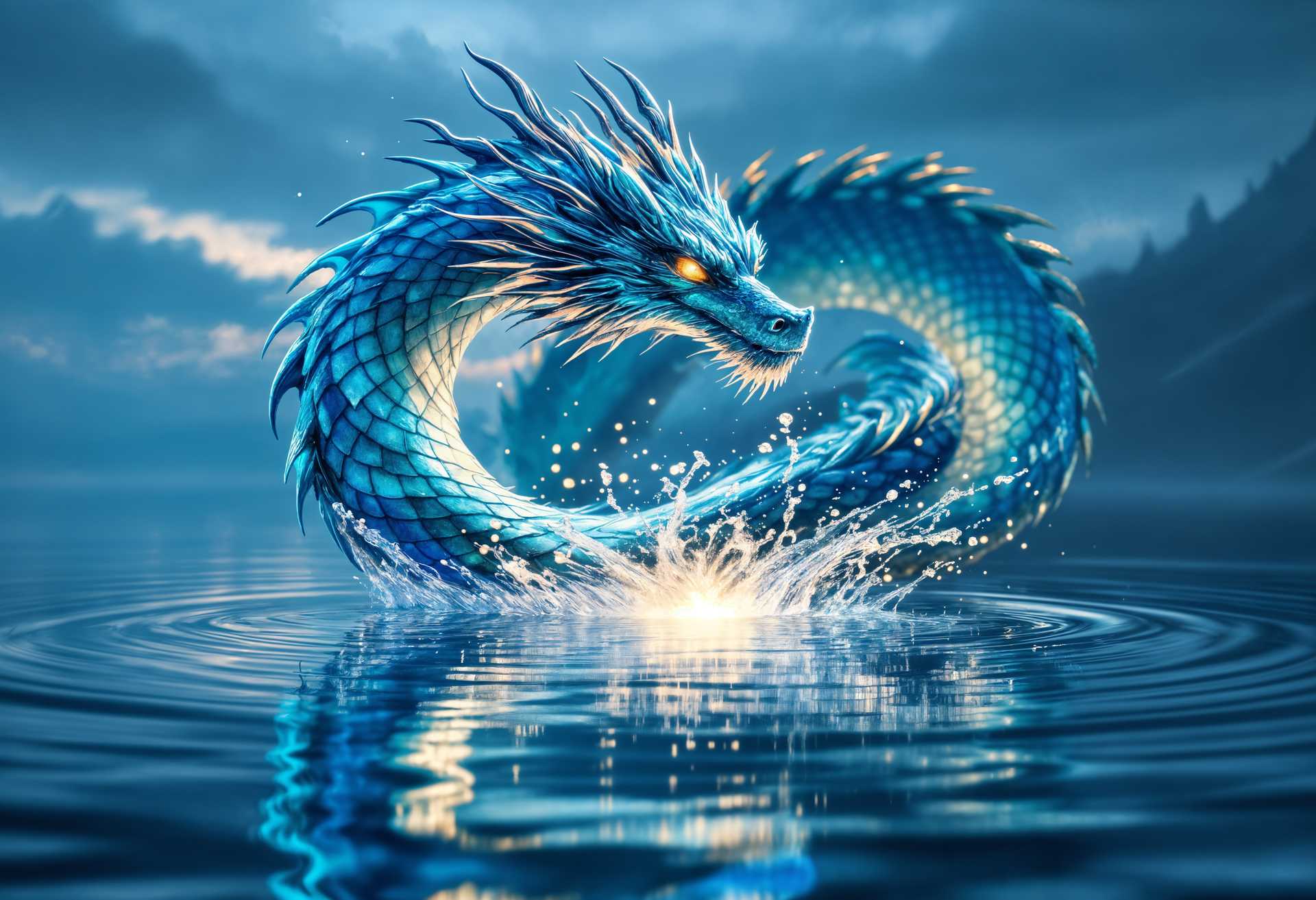 masterpiece, best quality, highres, sharp image, more detail, masterpiece, best quality, highres, sharp image, more detail, **Subject**: A majestic water dragon, its scales shimmering with iridescent hues of blue and green, poised atop the calm, reflective surface of a serene lake.

**Action**: The dragon is preparing to unleash its water wave powers; its eyes glow with an inner light, and its mouth is slightly open, ready to release a powerful surge of water.

**Visual Details**:
- **Scales**: Each scale reflects light, creating a spectrum of colors from deep sea blue to vibrant teal, with hints of silver.
- **Water**: The lake's surface is almost mirror-like, with gentle ripples extending from where the dragon stands, suggesting its presence and readiness.
- **Lighting**: The scene occurs at twilight, with soft, diffused light casting long shadows and highlighting the dragon's form against the water.

**Style**: 
- Inspired by the art nouveau movement, with fluid lines and organic forms, yet with a touch of fantasy realism to bring the mythical creature to life.
- Utilize a wide-angle lens effect to capture the grandeur of the dragon and the surrounding environment.

**Composition**: 
- The dragon is centered, dominating the foreground, with the lake stretching into the horizon, creating depth.
- Camera positioned slightly below eye level to emphasize the dragon's imposing presence and the impending action.

**Mood and Atmosphere**: 
- An air of anticipation and wonder, with the tranquil setting juxtaposed against the potential for sudden, powerful action.
- The atmosphere is misty, with a hint of fog rolling in from the background, enhancing the mystical feel.

**Technical Aspects**:
- Depth of Field: Shallow focus to keep the dragon sharp while the background subtly blurs, focusing attention on the central action.
- Color Palette: Predominantly cool tones with splashes of warm colors where the dragon's power is about to manifest, creating visual contrast.
- Use of motion blur to suggest the imminent wave that will soon ripple outward from the dragon.

**Cohesion**: 
- The dragon's form and the water's surface are in harmony, with the water's ripples echoing the dragon's scales, creating a visual symphony of movement and stillness.