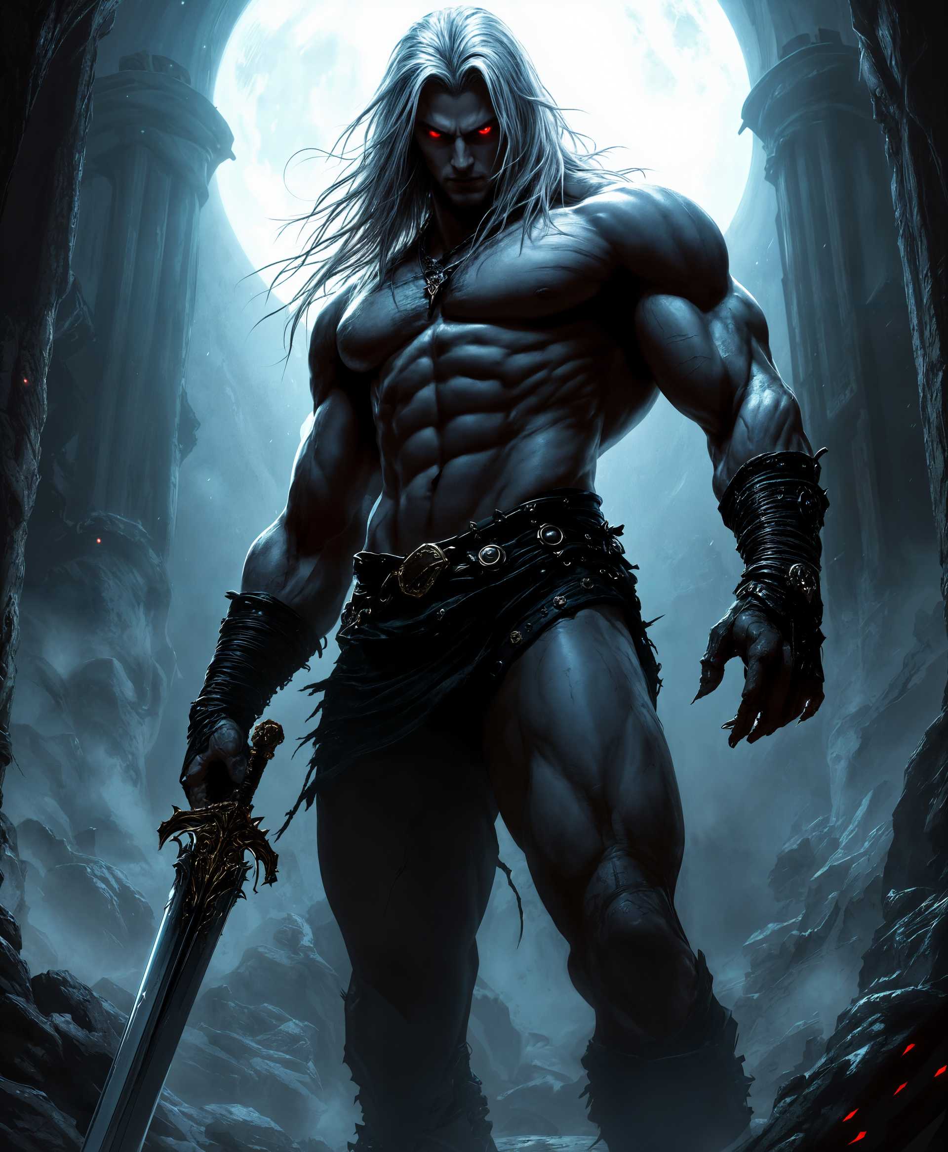 masterpiece, best quality, highres, sharp image, more detail, masterpiece, best quality, highres, sharp image, more detail, A highly detailed and erotic portrayal of **Alucard** from Castlevania, depicted in a muscular, imposing form with **NSFW** elements. He stands with an aura of dark, seductive power, his body **chiseled and defined**, muscles **rippling under pale skin** with a **subtle sheen of sweat** to highlight his physicality. His **eyes glow a deep, mesmerizing red**, reflecting an inner turmoil and darkness. Alucard's **long, white hair** flows in the **moonlight**, contrasting with the **gothic, shadowy environment** of his castle. 

- **Style**: Rendered in a **hyper-realistic** style with **pin-up art influences**, focusing on **sensual anatomy** and **exaggerated features**.
  
- **Composition**: Alucard is the **central figure**, captured in a **dynamic pose** that showcases his physique, with a **low camera angle** to emphasize his dominance over the viewer. His **sword** is partially visible, suggesting his combat readiness yet not distracting from his **erotic allure**.

- **Mood and Atmosphere**: The scene is set at **night**, with **candlelight casting soft shadows** across his form, creating an **intimate, almost voyeuristic setting**. The air is **heavy with an unspoken tension** and **sexual energy**, with the **background slightly blurred** to focus on him.

- **Technical Aspects**: Utilize **dramatic chiaroscuro lighting** to enhance the **contrast** between light and shadow, making Alucard's **muscular definition** stand out. Employ **depth of field** to isolate him from the **ominous, castle backdrop**, and ensure **smooth, realistic skin textures** with **subtle highlights** to give a **tactile feel** to his physique.

- **Cohesion**: All elements contribute to a **moody, yet seductive scene**, where Alucard's **vampiric nature** and **physical prowess** are seamlessly integrated, creating a **visually compelling** and **erotically charged** image.