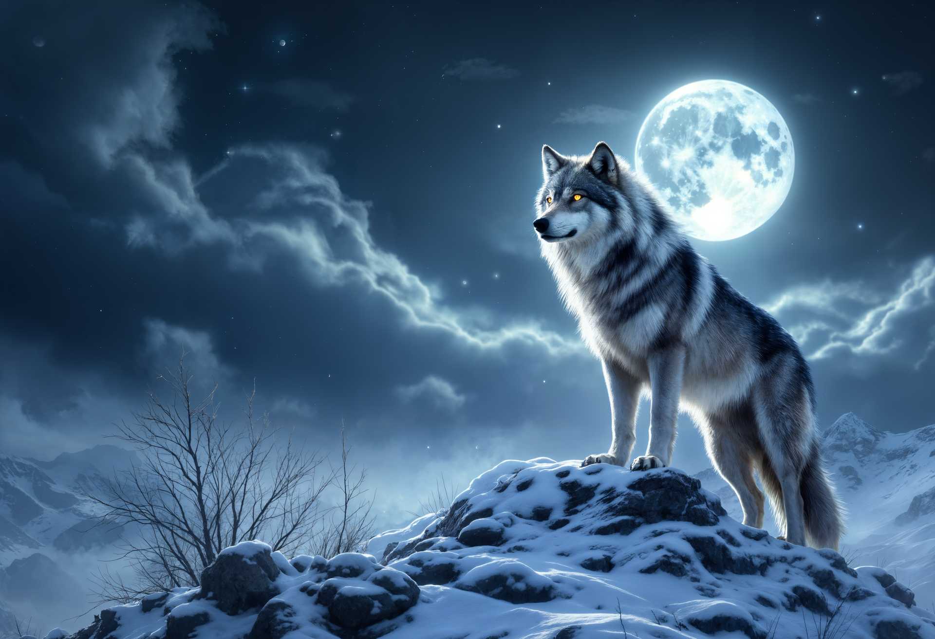 masterpiece, best quality, highres, sharp image, more detail, masterpiece, best quality, highres, sharp image, more detail, **Subject:** A majestic alpha wolf, its fur a mix of deep greys, silvers, and whites, standing atop a snow-capped mountain peak. 

**Setting:** The scene is set during the night with a full moon casting an ethereal, silver glow over the landscape. The stars twinkle faintly in the sky, visible through the breaks in the dark, swirling clouds that add drama to the background.

**Visual Details:**
- **Wolf:** The wolf's eyes gleam with an intense amber hue, reflecting the moonlight. Its breath forms small clouds in the cold mountain air. 
- **Mountain:** The peak is rugged, with patches of snow and ice glinting under the moon. Rocky outcrops and sparse vegetation add texture to the foreground.
- **Sky:** The clouds are thick, dark, and ominous, yet they part around the moon, creating a halo effect. The stars are pinpricks of light, contrasting sharply with the darkness.

**Style:** The image should evoke the style of a classic wildlife painting, reminiscent of artists like Carl Rungius or Robert Bateman, with a focus on realism, detail, and a sense of the sublime.

**Composition:** 
- **Positioning:** The wolf stands at the very edge of the mountain peak, its silhouette against the moon, creating a powerful focal point.
- **Camera Angle:** A low angle shot looking up at the wolf, emphasizing its dominance and the height of the mountain.
- **Framing:** The wolf is framed by the mountain's jagged edges, with the moon directly behind, creating a halo effect.

**Mood and Atmosphere:** 
- **Mood:** The scene exudes a feeling of solitude, power, and the wild, untamed nature of the wolf. The atmosphere is serene yet charged with potential energy, mirroring the wolf's readiness and the ever-changing weather.
- **Time of Day:** Night, with the full moon at its zenith, enhancing the mystical and dramatic atmosphere.

**Technical Aspects:**
- **Lighting:** The primary light source is the moon, casting deep shadows and highlighting the wolf's fur with a silver sheen. The stars and cloud edges are subtly lit to maintain depth in the darkness.
- **Depth of Field:** A shallow depth of field focuses on the wolf, with the background slightly blurred to emphasize the subject while still showcasing the vast, starry sky.

**Cohesion:** Every element, from the wolf's poised stance to the dramatic sky, contributes to a scene of natural grandeur, capturing the essence of the wilderness and the