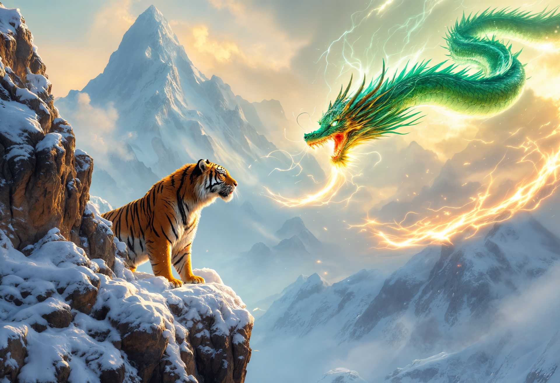 masterpiece, best quality, highres, sharp image, more detail <lora:more_details:0.5> <lora:SDXLrender_v2.0:1>, masterpiece, best quality, highres, sharp image, more detail, **A Cinematic Showdown between a Majestic Tiger and a Mythical Dragon**

- **Subject**: A fierce battle between a regal Bengal tiger and a towering, ancient Chinese dragon.
- **Setting**: The scene unfolds atop a rugged, snow-capped mountain cliff. The cliff's jagged edges are highlighted by the light of the setting sun, casting dramatic shadows.
- **Tiger Description**: The tiger, with its vibrant orange fur, black stripes, and piercing green eyes, is poised majestically on the cliff's edge. Its muscles are taut, ready to leap, with fur bristling in the cold mountain air.
- **Dragon Description**: The dragon, with scales shimmering in shades of emerald and jade, flies above. Its long, serpentine body is adorned with intricate, flowing patterns, and its wings, when spread, span the width of the mountain peak. Its eyes glow with an ethereal light, and its mouth is open, releasing a stream of translucent, fiery breath.
- **Interaction**: The tiger leaps into the air, claws extended, aiming for the dragon's underbelly. The dragon, in response, twists its body, claws and teeth bared, ready to defend and counterattack.
- **Lighting**: The scene is bathed in the golden hour light, with long shadows and a warm, fiery glow from the setting sun behind the mountains. The sky is painted with hues of orange, pink, and deep purple.
- **Atmosphere**: The air is crisp and thin at high altitude, with snowflakes gently falling, adding a layer of serenity to the intense combat. The dragon's breath illuminates the sky, creating an otherworldly ambiance.
- **Artistic Style**: Capture this moment in the style of a high-fantasy illustration, reminiscent of the detailed and dynamic works of Yoshitaka Amano, with a focus on intricate details and a blend of realism with fantasy.
- **Composition**: Use a wide-angle lens to encompass the vastness of the mountain and the sky. The tiger should be in the foreground, with the dragon dominating the upper part of the frame, creating a sense of scale and movement.
- **Technical Aspects**: Employ depth of field to blur the background slightly, focusing on the interaction between the tiger and the dragon, with sharp details on their faces and the point of contact. Use a high shutter speed to freeze the action, capturing the intensity of the moment.
