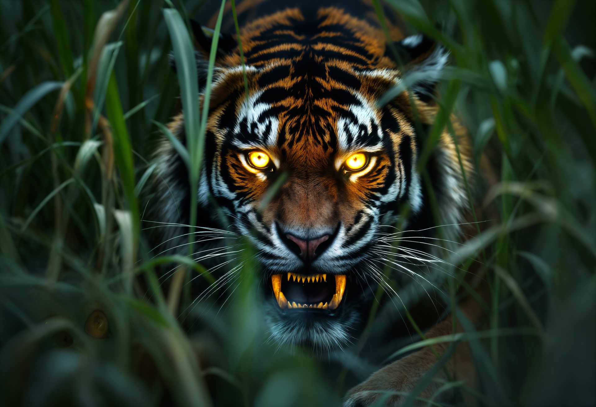 masterpiece, best quality, highres, sharp image, more detail, masterpiece, best quality, highres, sharp image, more detail, **Subject**: A legendary sabertooth tiger, with pronounced, gleaming fangs and piercing, reflective eyes, lurking in the shadows of tall, dense grass.

**Visual Details**: 
- **Fur**: The tiger's fur blends seamlessly with the dark green and black hues of the grass, providing perfect camouflage.
- **Eyes**: Intensely reflective, glowing with a faint yellow or green luminescence, capturing the ambient light of the moon.
- **Teeth**: Long, curved canines visible through the grass, shimmering slightly from the dew or moonlight.

**Style**: 
- **Photography Style**: Wildlife photography, focusing on stealth and the natural environment. Use a low aperture for shallow depth of field to blur out the background, emphasizing the subject.

**Composition**: 
- **Camera Angle**: A ground-level, frontal shot where the grass partially obscures the tiger, creating a sense of mystery and danger.
- **Framing**: The tiger's eyes and teeth are framed by the blades of grass, leading the viewer's eye directly to these focal points.

**Mood and Atmosphere**: 
- **Time of Day**: Late night, with the moon providing the only light, casting eerie shadows and highlighting the eyes and teeth of the sabertooth.
- **Ambiance**: A tense, almost palpable silence, with the air thick with the anticipation of a predator in its element.

**Technical Aspects**: 
- **Lighting**: Use of low-key lighting with high contrast to emphasize the tiger's eyes and teeth against the dark backdrop.
- **Focus**: Selective focus to isolate the eyes and teeth, with the rest of the scene in soft focus or shadow.

**Cohesion**: 
- The scene should evoke a primal fear, with the viewer feeling like an unsuspecting prey in the presence of this majestic, ancient predator. The grass, moonlight, and the tiger's subtle presence all work together to create a scene of natural stealth and predatory prowess.