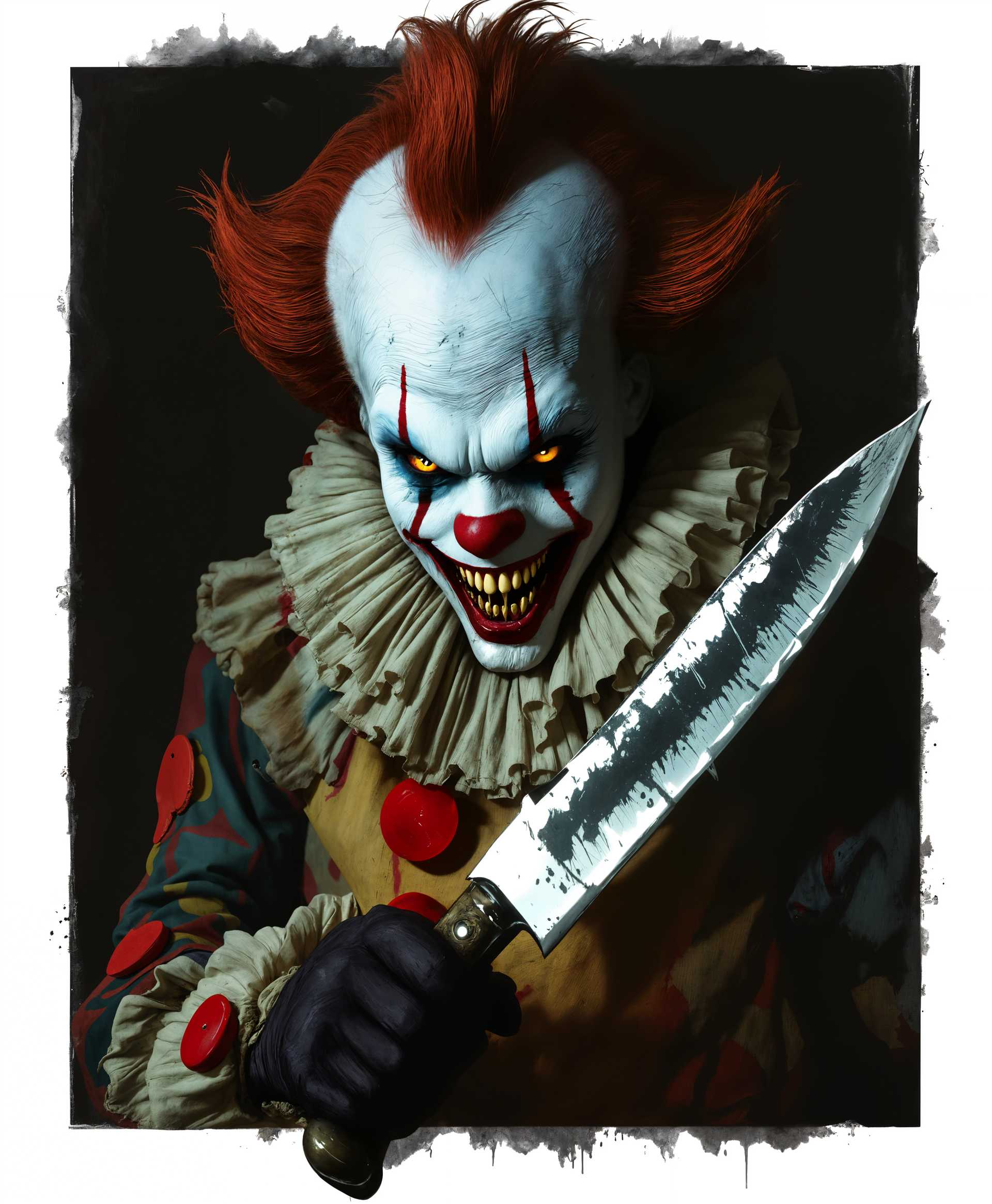 masterpiece, best quality, highres, sharp image, more detail, masterpiece, best quality, highres, sharp image, more detail, Generate an image of a **killer clown villain** with the following specifications:

- **Visual Details**: 
  - **Clown Suit**: The clown wears a tattered, once vibrant, now faded and stained suit with large, oversized buttons and frills. The fabric should look worn, with patches of different colors stitched haphazardly.
  - **Makeup**: The face paint is smeared, with exaggerated, sharp lines for the eyebrows, a wide, sinister grin with pointed teeth, and blood-red lips. The eyes should appear wild, perhaps with one eye painted differently than the other.
  - **Props**: Holding a menacing, oversized toy hammer or a knife with a jagged edge, reflecting light ominously.
  - **Lighting**: Use chiaroscuro lighting to emphasize the eerie contrast between shadows and highlights, with the clown's face partially illuminated to highlight the menacing features.

- **Style**: 
  - **Artistic Influence**: Inspired by Tim Burton's gothic aesthetic, with elements of German Expressionism for exaggerated features and distorted proportions.
  - **Color Palette**: Muted, desaturated colors with splashes of bright, unnatural hues to evoke a sense of surreal horror.

- **Composition**: 
  - **Subject Positioning**: The clown should be central, filling most of the frame, with the camera at a slightly low angle to make the figure imposing.
  - **Framing**: Tight framing around the clown, with just enough room to show a hint of the setting, perhaps a dimly lit carnival tent or a shadowy alley.

- **Mood and Atmosphere**: 
  - **Ambiance**: A palpable sense of dread and suspense, with the background slightly blurred to focus on the clown. 
  - **Time of Day**: Night, with the scene lit by flickering, neon carnival lights or dim, eerie street lamps.

- **Technical Aspects**: 
  - **Depth of Field**: Shallow depth of field to focus on the clown, with the background out of focus.
  - **Texture**: Emphasize the texture of the clown's clothing, the roughness of the makeup, and the sharpness of the props to enhance the horror elements.

- **Cohesion**: 
  - Ensure the lighting, costume, and setting all contribute to a unified, menacing portrayal of a killer clown, blending the macabre with the fantastical in a seamless, believable scene.