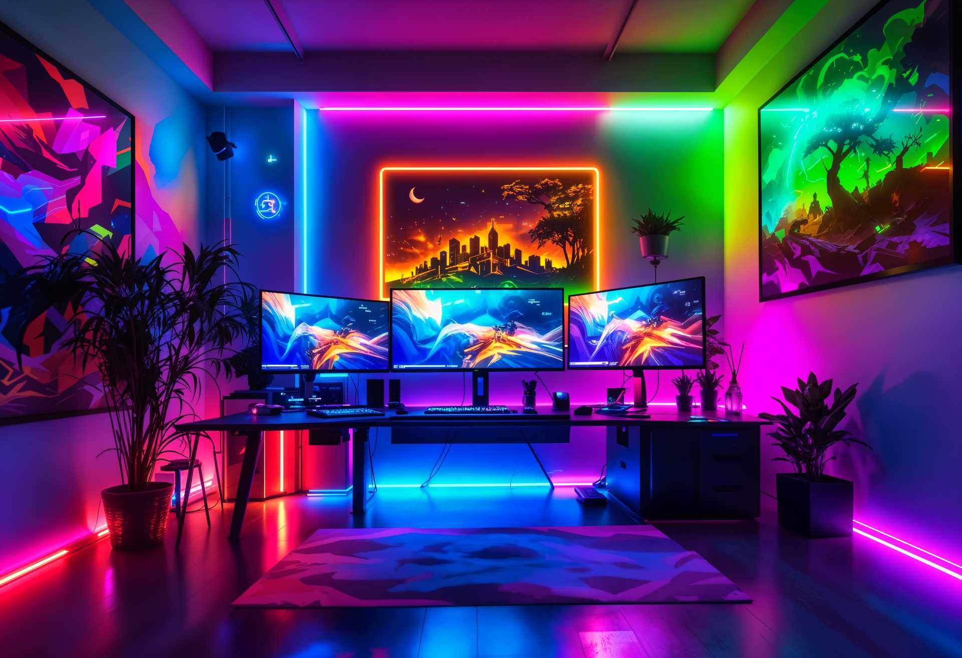 masterpiece, best quality, highres, sharp image, more detail, masterpiece, best quality, highres, sharp image, more detail, ```plaintext
A cyberpunk-themed gaming room, bathed in the vibrant glow of neon lights. The room features:

**Visual Details**: 
- **Neon Signs**: Overhead neon signs in hues of electric blue, vivid pink, and neon green, casting colorful shadows on the walls. 
- **PC Setup**: A high-end PC with three ultra-wide, curved monitors, each displaying dynamic, futuristic UI elements and game interfaces. The monitors emit a soft, otherworldly light. 
- **Cabling**: Sleek, glowing cables in neon colors connecting the monitors and other peripherals, contributing to the cyberpunk aesthetic.

**Style**: 
- **Artistic Influence**: Inspired by the futuristic, dystopian visuals of Blade Runner, mixed with the vibrant, electric style of Akira. 
- **Lighting**: High contrast with dark shadows and bright, focused neon lighting.

**Composition**: 
- **Room Layout**: The PC setup is the focal point, positioned against a wall adorned with holographic posters and futuristic art. 
- **Camera Angle**: A low-angle shot, capturing the grandeur of the setup from a gamer's perspective, looking up at the towering monitors.

**Mood and Atmosphere**: 
- **Time of Day**: Night, with the room's neon lights providing the primary illumination, creating an immersive, almost surreal gaming environment. 
- **Ambiance**: The air is filled with a faint hum of electronics, enhancing the sense of being in a cyberpunk city's underbelly.

**Technical Aspects**: 
- **Depth of Field**: A shallow depth of field with the monitors and neon signs in sharp focus, while the rest of the room fades into a colorful blur. 
- **Color Palette**: Predominantly dark with splashes of bright, neon colors for contrast. 

The scene should evoke a sense of futuristic escapism, where technology and style merge to create an unforgettable gaming experience.
```