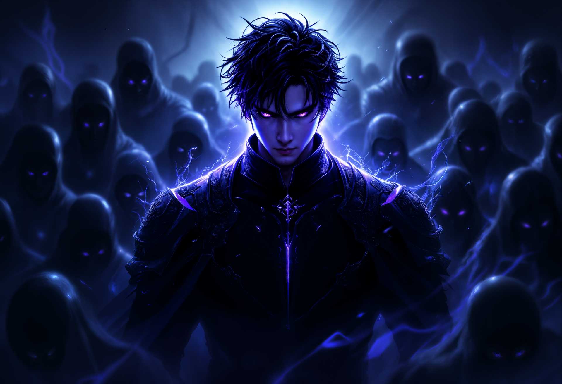 masterpiece, best quality, highres, sharp image, more detail, masterpiece, best quality, highres, sharp image, more detail, ```plaintext
A high-definition digital art portrait of Sung Jinwoo from 'Solo Leveling', surrounded by his army of shadows. Jinwoo stands in a commanding pose, his face illuminated by a subtle, mysterious light that contrasts with the dark, shadowy environment. His eyes glow with an intense, inner power, reflecting his immense strength and determination.

**Visual Details:**
- Sung Jinwoo: Wearing his iconic black combat suit with purple accents, detailed with intricate, battle-worn textures. His hair is slightly tousled, adding to his fierce yet charismatic appearance.
- Shadows: A horde of shadowy figures, each with distinct, yet slightly blurred forms, suggesting their ethereal nature. The shadows should have varying levels of opacity, with some more defined and others almost merging into the darkness.

**Artistic Style:**
- The image should emulate the dynamic, high-energy style typical of manga and manhwa, with exaggerated shadows and highlights to give depth and drama.

**Composition:**
- Jinwoo is centered, with his shadows forming a circle around him, creating a vortex-like effect. The camera angle is slightly low, looking up at Jinwoo to emphasize his dominance over the scene.
- The background should be a dark, indistinct space with hints of a post-apocalyptic cityscape or an otherworldly dimension, blending into the shadows.

**Mood and Atmosphere:**
- The scene captures a moment of intense power and control, with an atmosphere that feels both menacing and awe-inspiring. The time is dusk, with the only light sources being the glow from Jinwoo's eyes and occasional flashes from within the shadows.

**Technical Aspects:**
- Use of chiaroscuro lighting techniques to enhance the contrast between light and shadow, focusing on Jinwoo as the primary light source in a dark setting.
- Incorporate motion blur or speed lines around the shadows to suggest movement and vitality, despite their spectral nature.

**Cohesion:**
- All elements, from Jinwoo's detailed attire to the swirling mass of shadows, should blend seamlessly to create a visually cohesive scene that embodies the essence of 'Solo Leveling'.
```