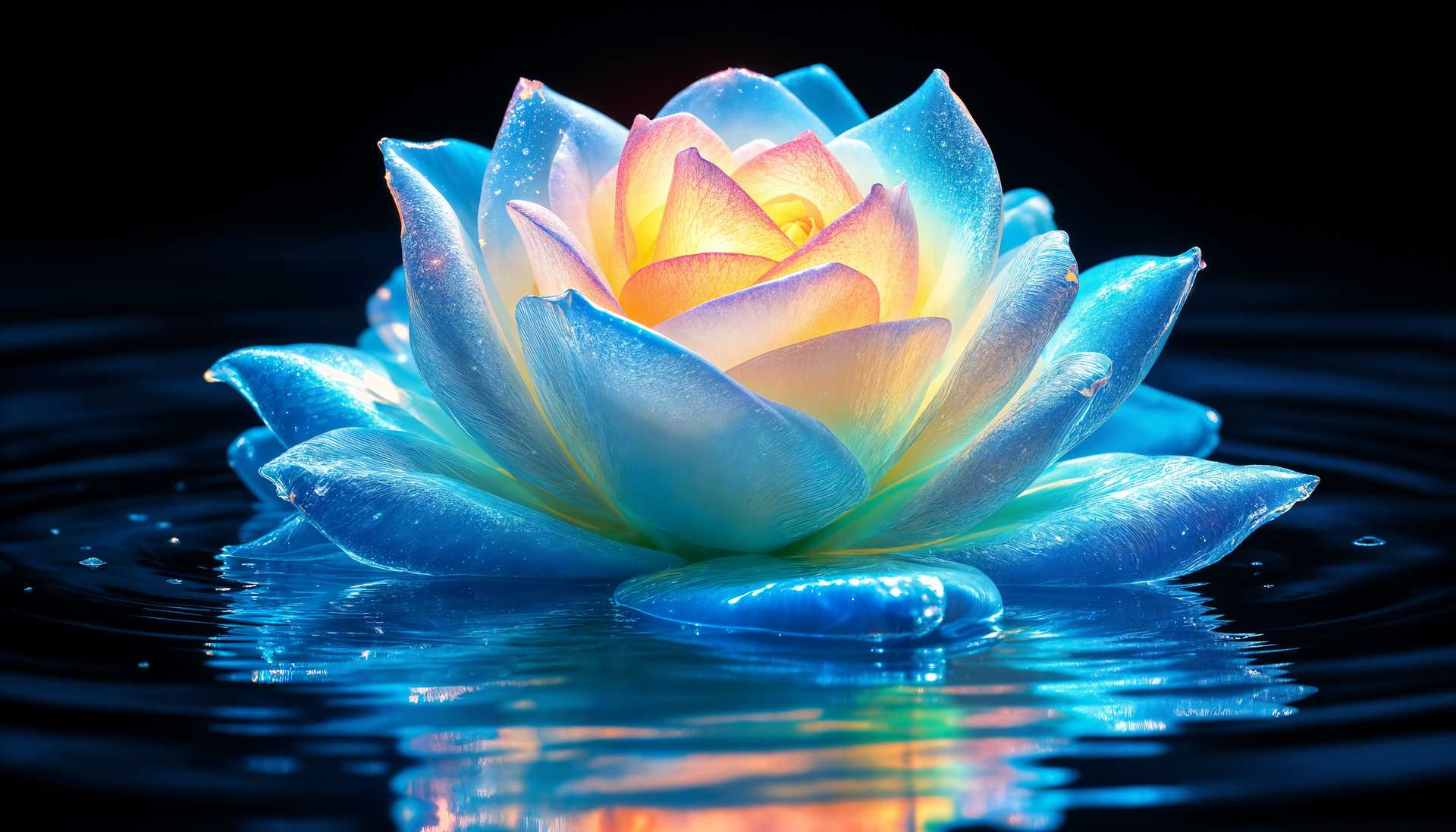 masterpiece, best quality, highres, sharp image, more detail, masterpiece, best quality, highres, sharp image, more detail, **Image Prompt:**

Visualize a surreal, dreamy water rose, its petals crafted from crystal clear water, gently emerging from the surface of a calm lake. Each petal captures the light, shimmering with an ethereal glow:

- **Visual Details:** 
  - Petals: Made of translucent, flowing water, with light refracting through them like prisms, casting soft rainbows.
  - Waves: Subtle, gentle waves around the base of the rose, creating a dynamic interaction with the water petals, suggesting movement.
  - Background: A dark, almost black backdrop, enhancing the vividness and contrast of the rose, with hints of deep blue to suggest depth.

- **Style:** 
  - Surrealistic, reminiscent of Salvador Dalí's melting clocks, blending reality with the fantastical.
  - Photographic style with high dynamic range (HDR) to capture the intense clarity of the water rose against the dark background.

- **Composition:**
  - The water rose is the central focus, positioned slightly off-center to the left, following the rule of thirds.
  - Camera angle: Low, looking up at the rose to emphasize its ethereal nature and to capture the reflection of the petals in the water.
  - Framing: Tight, ensuring the rose fills a significant portion of the frame, with the dark background subtly framing it.

- **Mood and Atmosphere:**
  - The scene evokes a sense of wonder and magic, with a tranquil yet intense ambiance.
  - Time of day: Twilight, with the last light of day illuminating the rose, casting long shadows on the water.
  - Weather: Calm, with a slight breeze causing gentle ripples in the water.

- **Technical Aspects:**
  - Depth of field: Shallow, with the rose sharply in focus while the background blurs into darkness.
  - Lighting: Use of soft, directional lighting to highlight the transparency and the intricate details of the water petals.

- **Cohesion:**
  - The surreal water rose, with its dreamlike quality, stands as a beacon of clarity amidst the dark, mysterious waters, creating a unified, visually compelling scene that invites the viewer to pause and reflect on the interplay between light, water, and imagination.