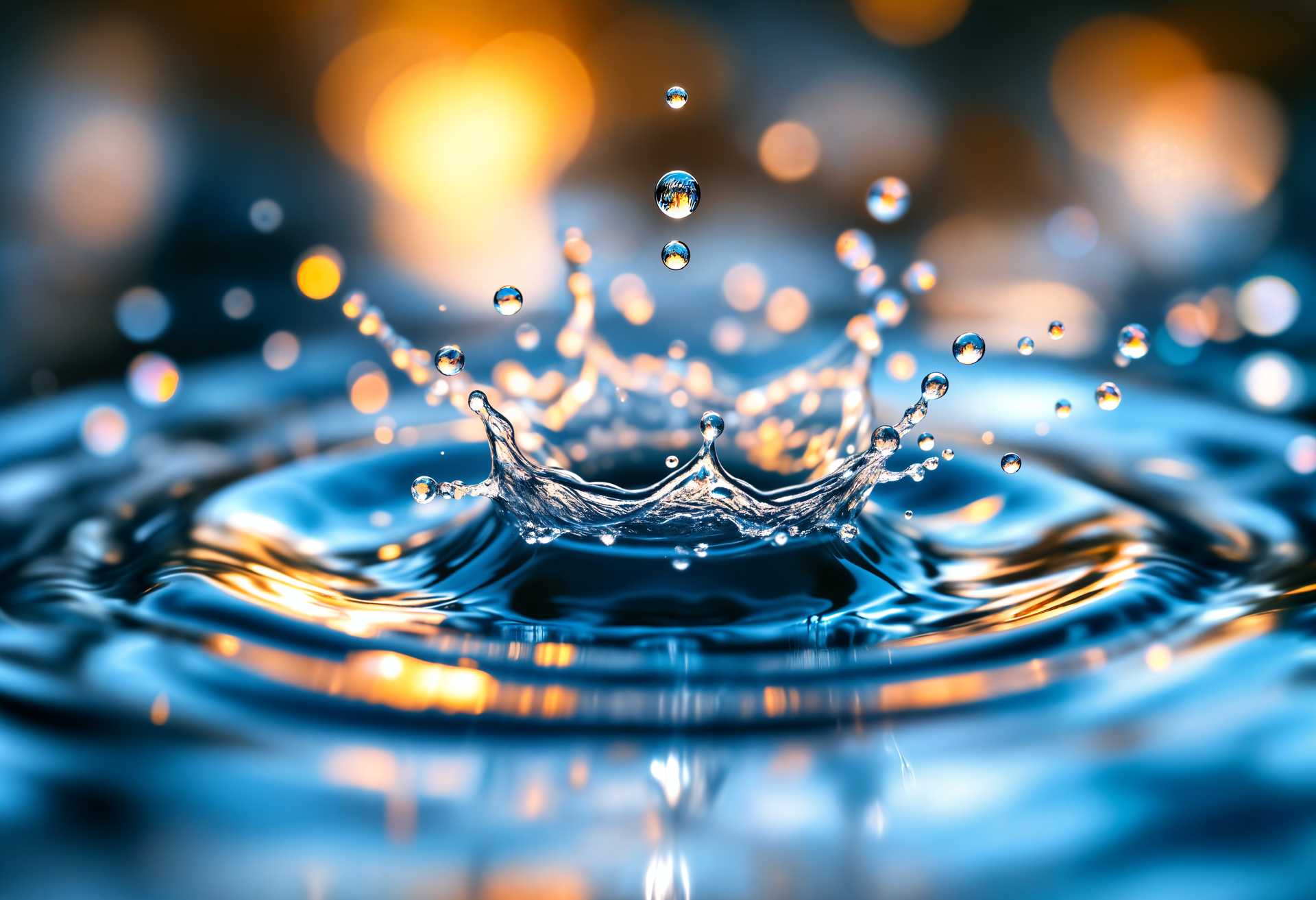 masterpiece, best quality, highres, sharp image, more detail, masterpiece, best quality, highres, sharp image, more detail, A **macro shot** of a single, **crystal-clear raindrop** falling from the sky, captured at the exact moment it impacts the surface of **calm, still water**. The raindrop is **backlit by the soft, golden light of the early morning**, enhancing its transparency and creating a **sun flare** effect around it. The impact sends out **ripples and waves** in concentric circles, with **vibrant reflections** of the sky and surrounding environment distorted within the **dynamic ripples**. The water's surface texture is **smooth and glassy** where undisturbed, transitioning to **a chaotic, detailed splash** at the point of impact. The **depth of field** should be shallow to focus on the raindrop and its immediate splash, with the background softly blurred, creating a **dreamy, ethereal atmosphere**. The overall composition should evoke a **sense of tranquility and motion**, with the raindrop acting as the focal point in a **surreal, almost abstract** visual narrative.