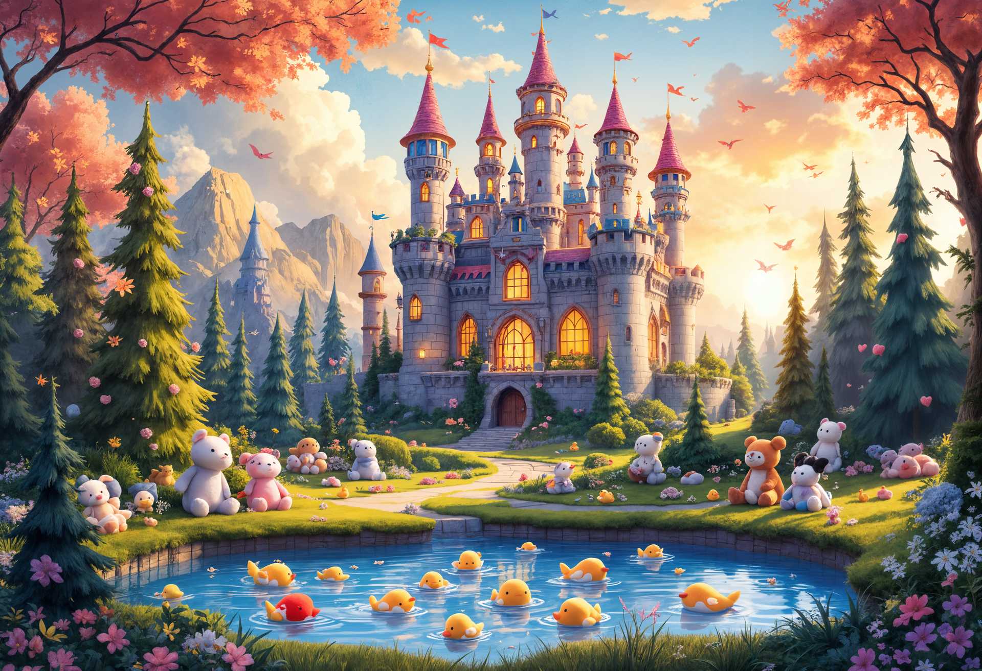 masterpiece, best quality, highres, sharp image, more detail, masterpiece, best quality, highres, sharp image, more detail, In a whimsical, fantastical land filled with plush toys, **a grand castle** stands majestically. The castle is **entirely constructed from plushies**, with:

- **Walls** of soft, colorful plush fabrics, **textured** to mimic stone but with a plushie's comforting touch.
- **Turrets** adorned with plushie banners fluttering in a gentle breeze, each one a different plush animal.
- **Windows** framed by plushie curtains, the glass replaced with transparent, plush material that diffuses light in a cozy glow.
- **Moat** filled with soft, floating plushie fish and ducks, creating a serene, playful atmosphere.

The **lighting** is soft, with a golden hour effect, casting long, warm shadows that add depth to the plushie landscape. 

**Artistic Style**: Inspired by **storybook illustrations**, with a touch of **naïve art** to emphasize the childlike wonder and simplicity of the scene. 

**Composition**: 
- The castle is **centered** in the frame, dominating the landscape with its size and grandeur.
- **Foreground** features plushie creatures and toys engaged in activities, leading the viewer's eye towards the castle.
- **Camera Angle**: A low angle to make the castle appear more imposing and majestic.

**Mood and Atmosphere**: 
- **Playful** yet **majestic**, with a **sense of wonder** and **childhood magic**.
- The sky above is **cloudless, light blue**, suggesting a peaceful day in this land of plushies.

**Technical Aspects**:
- **Depth of Field**: Use a shallow depth of field to focus on the castle while the plushie creatures in the foreground are slightly out of focus, creating a dreamlike quality.
- **Color Palette**: Vibrant, pastel colors dominate, with the plushies in various hues, contrasting with the more subdued castle walls.

This scene is a cohesive blend of **fantasy**, **texture**, and **childlike creativity**, where every element contributes to the magical, plushie-filled world.