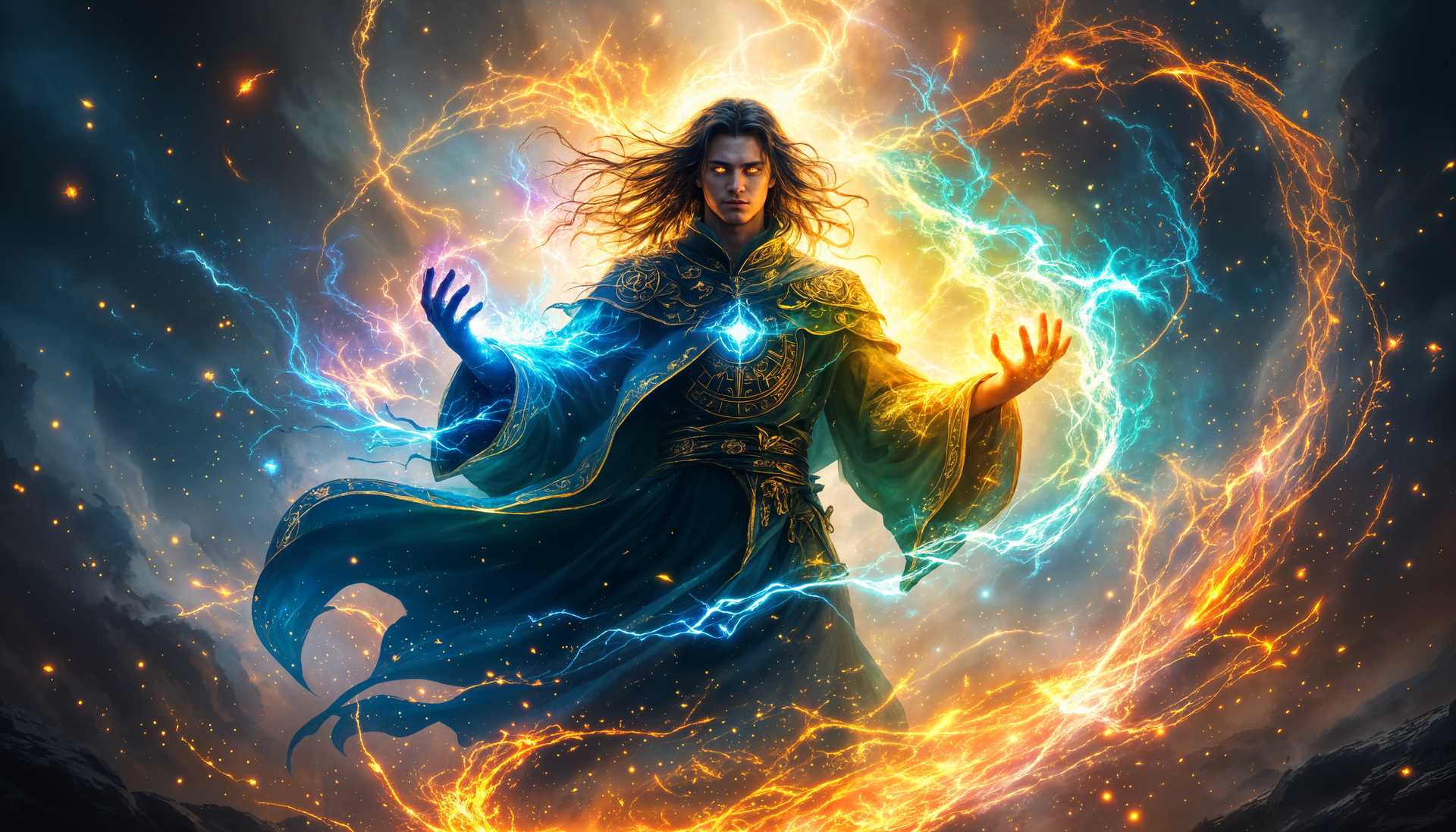 masterpiece, best quality, highres, sharp image, more detail, masterpiece, best quality, highres, sharp image, more detail, Create an image depicting **a powerful mage in his prime, commanding the essence of all magical elements**:

- **Visual Details**: His eyes glow with an ethereal light, reflecting the elements he controls. His robe flows with the movement of the wind, adorned with intricate runes glowing in various colors representing different elements. His hair, dark and flowing, seems to dance with invisible currents of magic. The elements manifest around him: a fiery aura, water droplets suspended in the air, earth particles swirling at his feet, and sparks of electricity dancing in the background.

- **Artistic Style**: Combine elements of **fantasy art** with a touch of **realism**, capturing the surreal nature of magic with lifelike textures and lighting. Emulate the dramatic flair of artists like Yoshitaka Amano, but with a more grounded, almost tangible approach to the magical elements.

- **Composition**: The mage stands in the center, a focal point amidst a chaotic yet harmonious elemental storm. Use a **low angle shot** to emphasize his power and the elements swirling around him, creating a sense of awe and scale. The background should be a blurred, mystical landscape where elements meet, enhancing the depth of field.

- **Mood and Atmosphere**: The scene exudes an **awe-inspiring** yet **mysterious** atmosphere, with the time of day being a twilight hour where the elements are at their most vibrant. The lighting should be dramatic, with shadows and highlights accentuating the magical interplay.

- **Technical Aspects**: Employ **bokeh** to blur the elemental chaos in the background, focusing on the mage. Use **motion blur** for the elements to convey their dynamic nature. The mage's expression should be one of serene command, with **chiaroscuro** lighting to highlight his features against the elemental backdrop.

- **Cohesion**: All elements should come together to tell a story of **control, mastery, and the harmonious balance of nature's forces**, ensuring that every detail from the mage's attire to the environmental effects supports this narrative.