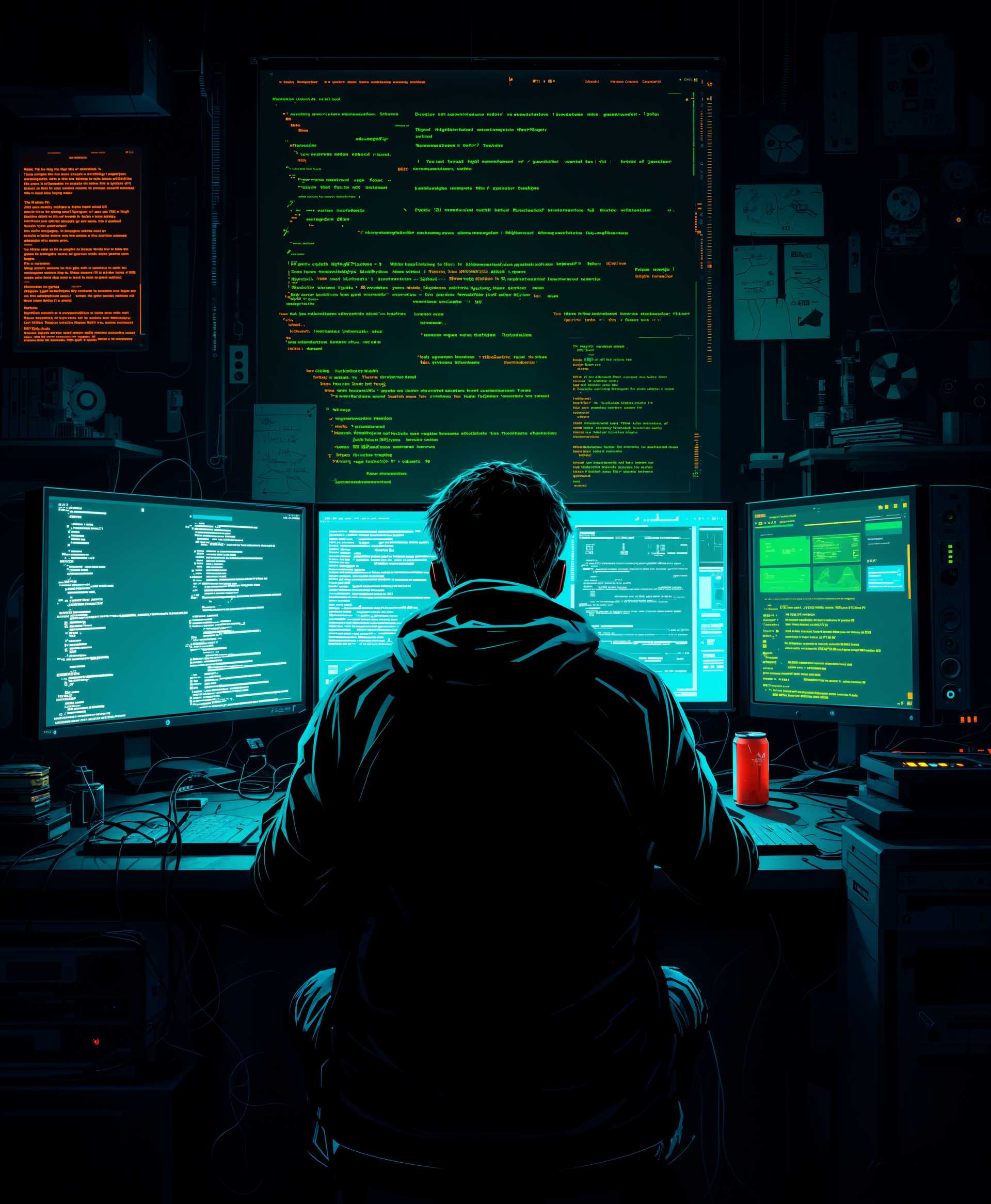 masterpiece, best quality, highres, sharp image, more detail, masterpiece, best quality, highres, sharp image, more detail, Create a digital art illustration featuring a **hacker** intensely focused on his **PC**, surrounded by a **dark atmosphere**. 

- **Visual Details**: The hacker's face is illuminated solely by the eerie glow of the computer screen, casting harsh shadows across his features. His workspace is cluttered with **tangled cables**, **empty energy drink cans**, and **sticky notes** with scribbled code. The computer setup includes multiple **monitors**, a **custom-built PC** with **LEDs glowing through the case**, and **vintage hacking paraphernalia** like an old modem or a stack of CDs.

- **Style**: Adopt a **cyberpunk aesthetic** with a **neo-noir** influence, featuring high contrast, deep shadows, and a palette dominated by **cool blues, neon greens, and dark blacks**.

- **Composition**: The hacker is positioned slightly off-center, his back to the viewer, allowing a glimpse of the complex, green text scrolling on the screens. The camera angle is low, emphasizing the height of the monitor stack, creating a sense of being overwhelmed by technology.

- **Mood and Atmosphere**: The scene exudes a **sense of urgency and isolation**. The lighting is **low-key**, with the only light sources being the computer screens and perhaps a single, flickering overhead light. The ambiance is **tense**, with an undercurrent of danger and the unknown, as if the hacker is racing against time.

- **Technical Aspects**: Utilize **digital painting techniques** to create realistic light effects, reflections, and depth. Employ **digital noise** and **glitch effects** to subtly suggest digital intrusion or hacking. The image should evoke a **cinematic feel**, with **depth of field** focusing on the hacker while the background details fade into the darkness.

- **Cohesion**: Every element, from the **hacker's attire** (perhaps a hoodie or a cyberpunk jacket) to the **ambient noise** implied by the scene, should contribute to the overarching theme of a lone digital warrior in the depths of cyberspace, battling unseen enemies in a world where technology reigns supreme.