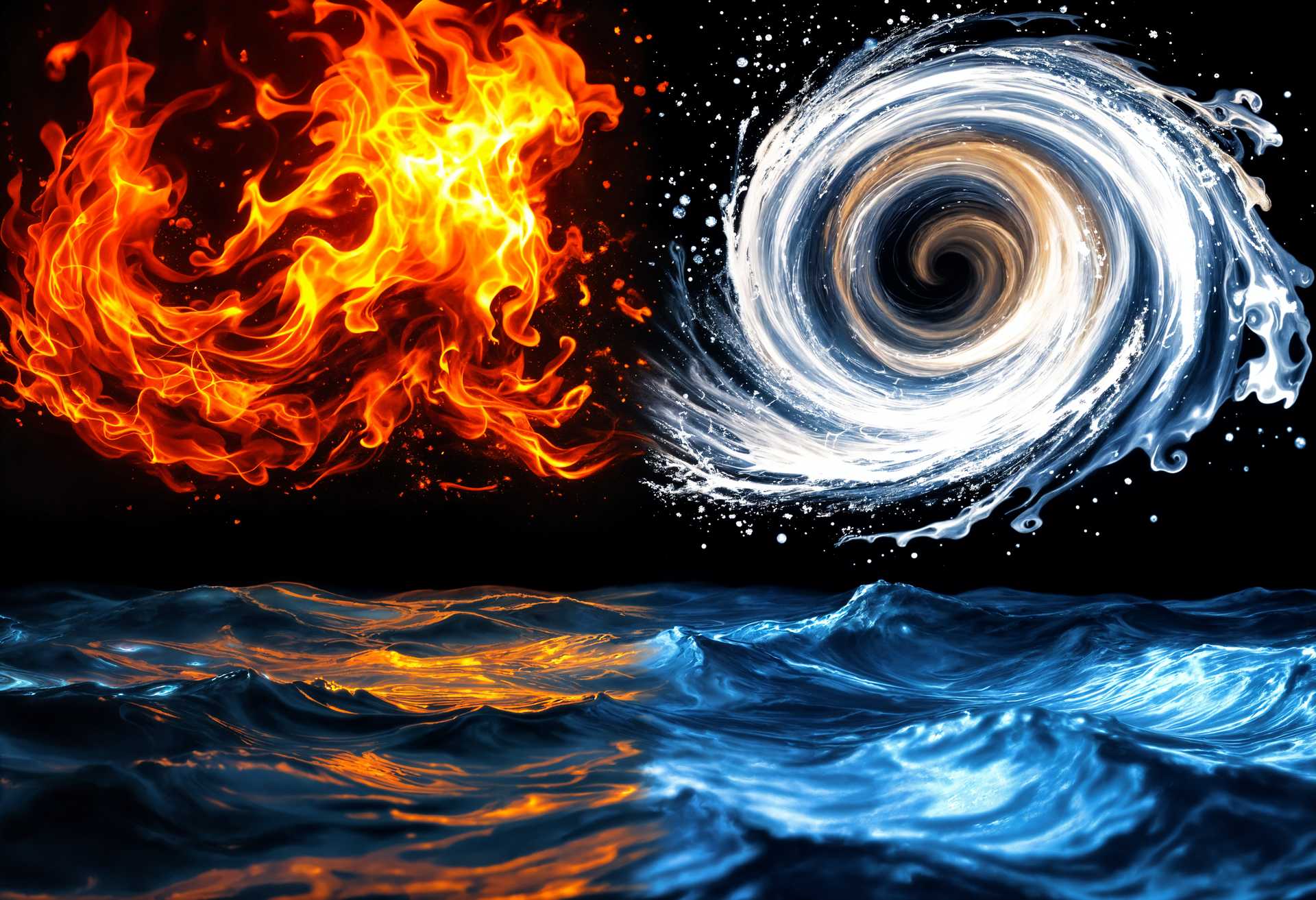 masterpiece, best quality, highres, sharp image, more detail, masterpiece, best quality, highres, sharp image, more detail, A visually striking and harmonious depiction of the **Four Classical Elements**, each distinctly represented:

- **Fire:** At the top left, an inferno of vibrant oranges, reds, and yellows. The flames dance with a life of their own, creating intricate patterns and shapes, evoking a sense of warmth and energy. The texture is that of flickering flames, with a glow that illuminates the surrounding darkness.

- **Wind:** To the right of fire, a whirlwind of translucent, swirling air. The colors are soft whites, grays, and light blues, with hints of the sky's reflection. The movement is dynamic, with visible gusts and eddies, suggesting the gentle yet powerful force of the wind, captured in a moment of stillness amidst motion.

- **Water:** Below the wind, a serene expanse of water stretches out. The surface reflects the light with a shimmer, transitioning from deep, dark blues near the bottom to lighter, almost translucent hues as it nears the surface. Ripples and waves are subtly visible, giving texture to the calm, inviting water.

- **Earth:** At the bottom right, a rich tapestry of earthy colors - browns, greens, and ochres. The texture is rugged and tactile, with visible layers of soil, rocks, and vegetation. The earth appears fertile, with hints of life sprouting from its surface, symbolizing growth and stability.

**Style and Composition:** The image should be styled in a **Surrealistic** manner, blending elements in an otherworldly, dreamlike fashion. The composition is circular, with each element flowing into the next, creating a seamless transition. The camera angle is slightly above, giving a god's-eye view of this elemental ballet, with each element occupying roughly a quarter of the image, forming a balanced, almost mandala-like arrangement.

**Mood and Atmosphere:** The scene is set at twilight, with the sky painted in the soft hues of dusk, enhancing the surreal quality. The atmosphere is one of balance and harmony, where each element is in its own realm yet interconnected, fostering a sense of unity and cosmic dance.

**Technical Aspects:** The image should employ techniques like **chiaroscuro** to highlight the contrasts and depth, with **depth of field** focusing on the interaction between elements. Utilize **hyper-realistic** textures to bring out the tactile qualities of each element, making them feel almost tangible despite their ethereal nature.