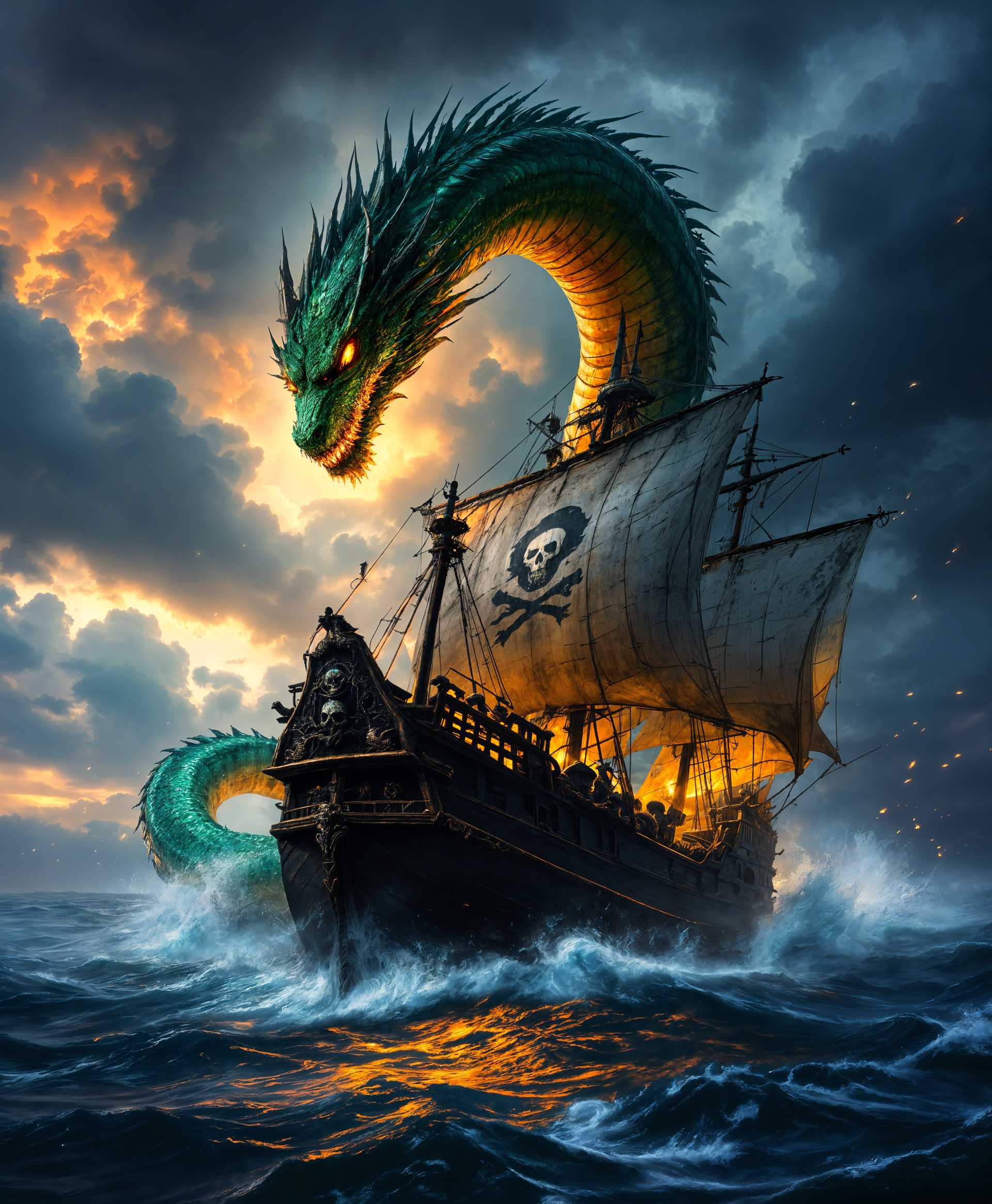 masterpiece, best quality, highres, sharp image, more detail, masterpiece, best quality, highres, sharp image, more detail, A majestic scene in the high seas under a stormy twilight sky, where Midgarsomr, the legendary serpentine dragon, descends dramatically. Its scales shimmer with an iridescent green, reflecting the fading light and the roiling clouds above, giving off a mystical aura. The dragon's eyes glow with a fierce, fiery orange, matching the embers in its breath as it prepares to unleash a torrent of fire.

The pirate ship, weathered by time and battle, stands resilient beneath Midgarsomr. Its sails are tattered, billowing in the fierce wind, adorned with the skull and crossbones. The wood of the ship is dark, almost black from exposure, with intricate carvings that hint at its storied past. The deck is cluttered with barrels, ropes, and cannons, ready for the unexpected arrival of this mythical creature.

The composition captures the moment of descent, with the dragon positioned centrally, its massive form looming over the ship, creating a dynamic tension between the natural and the supernatural. The camera angle is from the perspective of a crew member on the deck, looking up to emphasize the scale and grandeur of Midgarsomr.

The mood is one of awe, dread, and anticipation. The atmosphere is charged with electric tension, the storm brewing overhead casting dramatic shadows, with lightning occasionally illuminating the scene. The air is thick with the scent of impending rain and the salty tang of the sea, all contributing to an immersive, almost tangible experience.

**Artistic Style:** Cinematic realism with elements of fantasy art, capturing the drama and scale of the scene through chiaroscuro lighting, detailed textures, and atmospheric perspective. 

**Technical Aspects:** Utilize wide-angle lens distortion to enhance the verticality and scale of Midgarsomr, depth of field to blur the background and focus on the dragon, and high dynamic range imaging (HDRI) to manage the contrast between the dark ship and the bright sky.