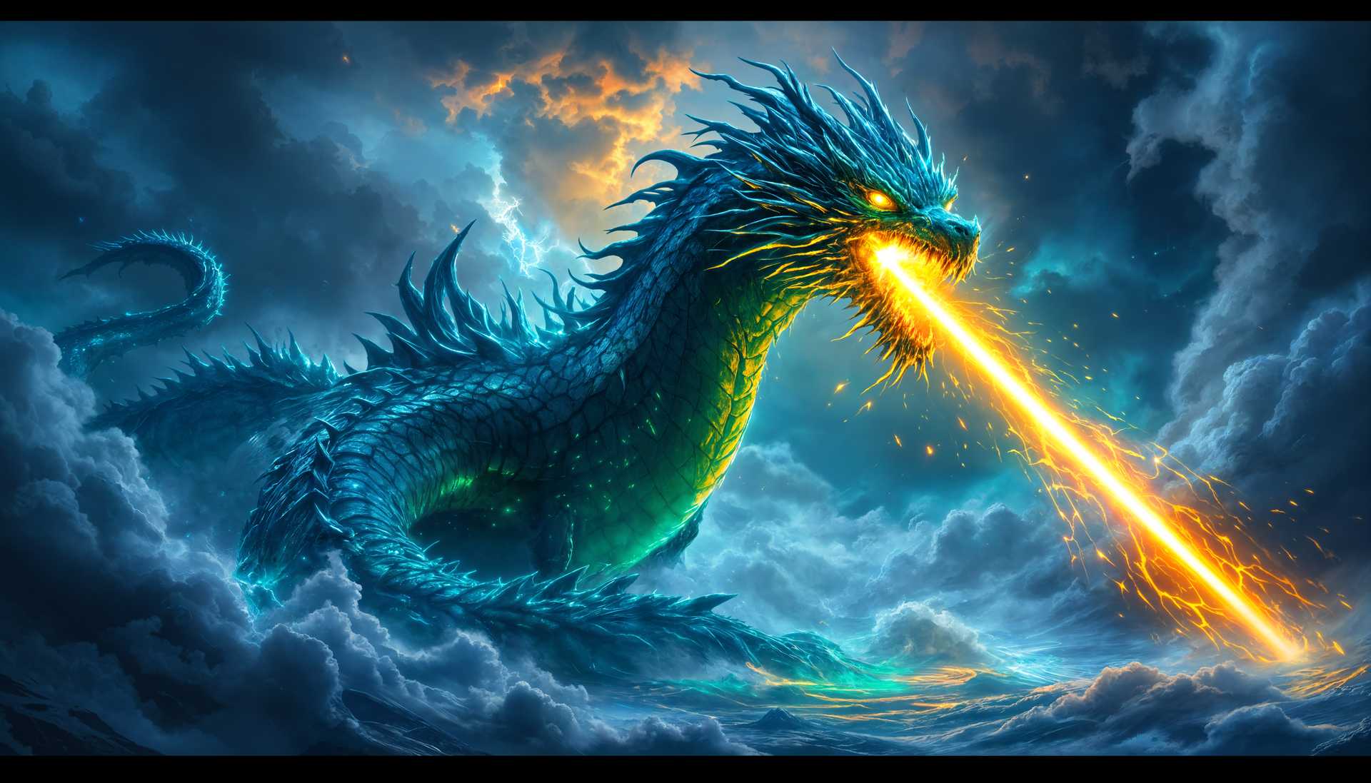 masterpiece, best quality, highres, sharp image, more detail, masterpiece, best quality, highres, sharp image, more detail, A majestic scene where **Midgardsormr**, the legendary sea dragon, emerges dramatically from the swirling, dark clouds. Its scales shimmer with a mix of iridescent blues and greens, reflecting the stormy sky. The dragon's eyes are alight with an intense, fiery glow as it opens its maw to unleash a powerful **laser beam**:

- **Visual Details:** The dragon's scales have a texture reminiscent of wet, polished stone, with hints of bioluminescence along its spine and underbelly. The clouds part in a dramatic fashion, illuminated from within by the dragon's fiery breath. The laser beam itself is a concentrated, vibrant beam of energy, casting an eerie, otherworldly light on the surrounding clouds.

- **Style:** The image adopts a **High Fantasy** aesthetic with elements of **Nordic Mythology**, infused with a touch of **Surrealism** to capture the otherworldly nature of the dragon and its powers.

- **Composition:** Midgardsormr is depicted in a dynamic, descending dive, its body arched back as if to increase the power of its attack. The camera angle is from below, looking up at the descending dragon, emphasizing its immense size and the scale of the event. The framing captures the dragon's full form, with the clouds and laser beam filling the background.

- **Mood and Atmosphere:** The scene exudes an aura of awe, danger, and mythic power. The atmosphere is charged with electricity, with distant rumbles of thunder and flashes of lightning enhancing the stormy backdrop. The time is dusk, with the setting sun casting long shadows and providing a backdrop of deep oranges and purples against the dark clouds.

- **Technical Aspects:** Utilize **Depth of Field** to blur the distant clouds, focusing sharply on Midgardsormr. The lighting should be high contrast, with the dragon's scales and the laser beam being the primary light sources, creating a dramatic chiaroscuro effect. Employ **Motion Blur** on the wings to indicate the rapid descent, and **Lens Flare** to enhance the laser beam's impact.

- **Cohesion:** The scene is unified by the interplay of light and shadow, with the dragon's presence dominating the composition, its power and mythical status reinforced by the fantastical elements of the setting.