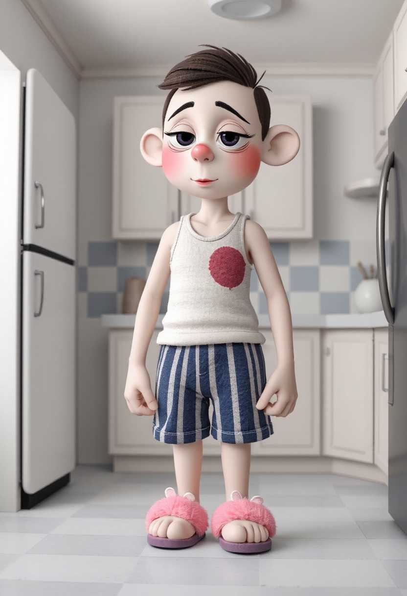 Claymation character in a retro kitchen that is not proportionate to a real human, with a particularly large head and a small body. The colors are soft and muted, with a limited palette that includes shades of white, gray, blue, and touches of pink and purple. The character is wearing a white tank top with a noticeable stain on the right side, and blue and white striped shorts. The tank top is worn and appears to be of a loose fit, contributing to the overall comical and relaxed vibe of the character. The shorts are also loose and have a somewhat wrinkled appearance, suggesting a casual and comfortable setting.The characters feet are adorned with pink slippers that have bunny ears, which adds to the whimsical nature of the illustration. The slippers are fluffy and appear to be quite comfortable, as evidenced by the way they are slightly splayed out. 