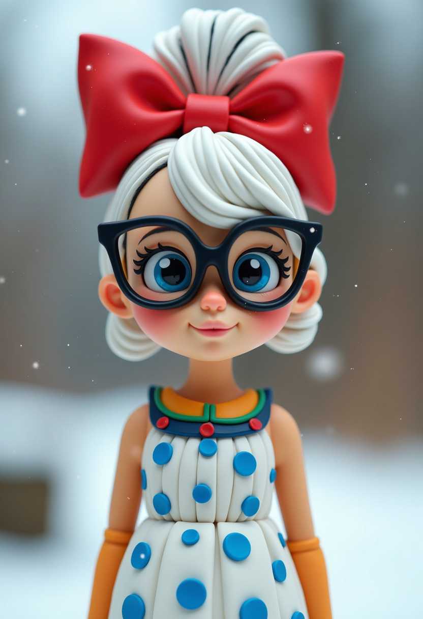 Claymation .The colors are bold and vibrant, with a limited palette that emphasizes contrast. The figures hair is a striking shade of white with black highlights, and its styled in an elaborate updo with a large, bold red bow at the top. The bow is detailed with a black outline, giving it a threedimensional appearance.The figure is wearing a sleeveless dress with a white base and a pattern of blue polka dots. The dress has a gathered bust, which adds volume and shape to the figure. The neckline of the dress is adorned with a colorful trim, which includes shades of blue, yellow, and green, creating a playful contrast against the white of the dress.The figures accessories include a pair of large, blackrimmed glasses that give her a scholarly or intellectual vibe. The glasses are detailed with a gradient of colors, from a darker shade at the top to a lighter shade at the bottom, which adds depth and dimension.Winter garden background.