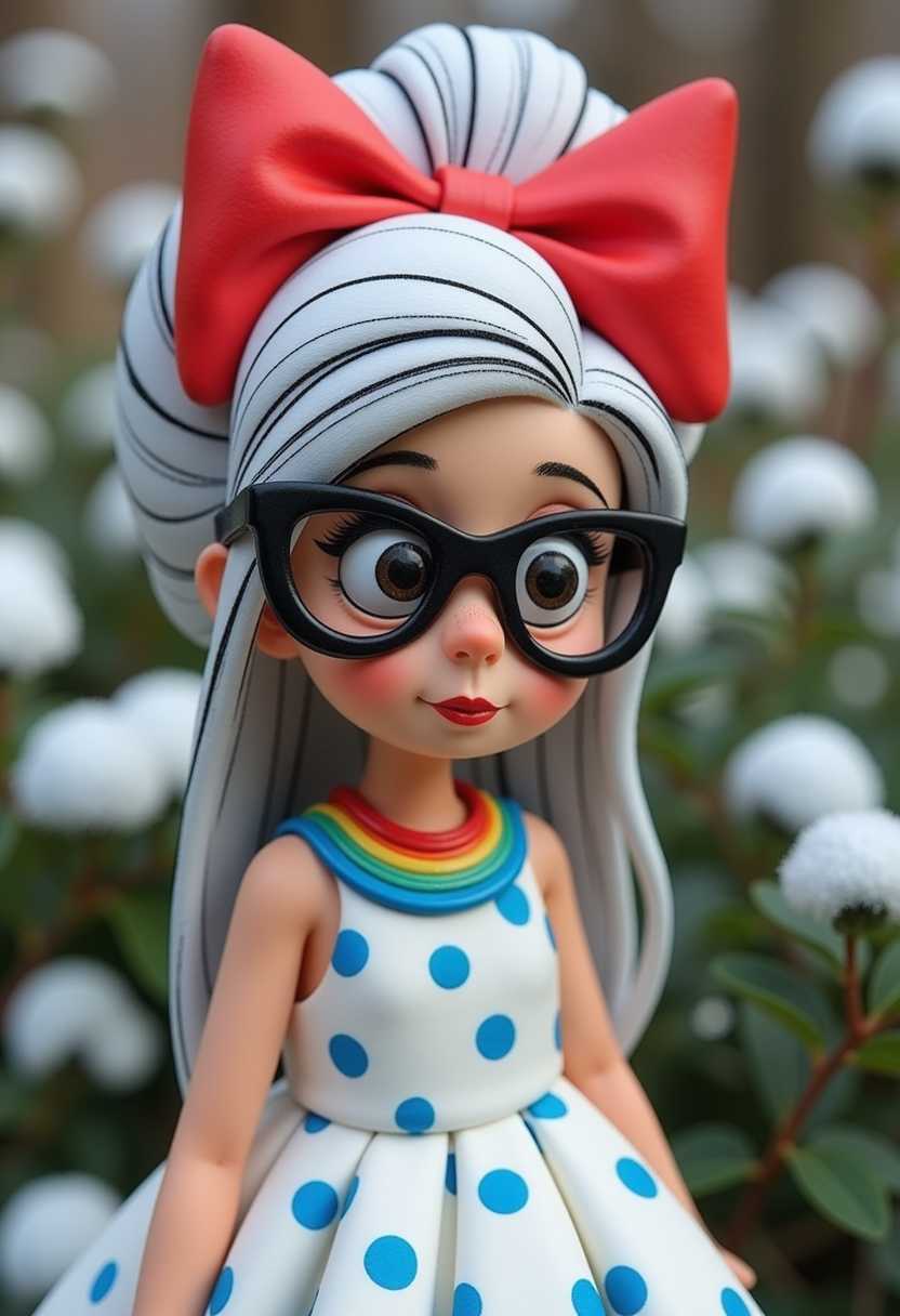 Claymation .The colors are bold and vibrant, with a limited palette that emphasizes contrast. The figures hair is a striking shade of white with black highlights, and its styled in an elaborate updo with a large, bold red bow at the top. The bow is detailed with a black outline, giving it a threedimensional appearance.The figure is wearing a sleeveless dress with a white base and a pattern of blue polka dots. The dress has a gathered bust, which adds volume and shape to the figure. The neckline of the dress is adorned with a colorful trim, which includes shades of blue, yellow, and green, creating a playful contrast against the white of the dress.The figures accessories include a pair of large, blackrimmed glasses that give her a scholarly or intellectual vibe. The glasses are detailed with a gradient of colors, from a darker shade at the top to a lighter shade at the bottom, which adds depth and dimension.Winter garden background.