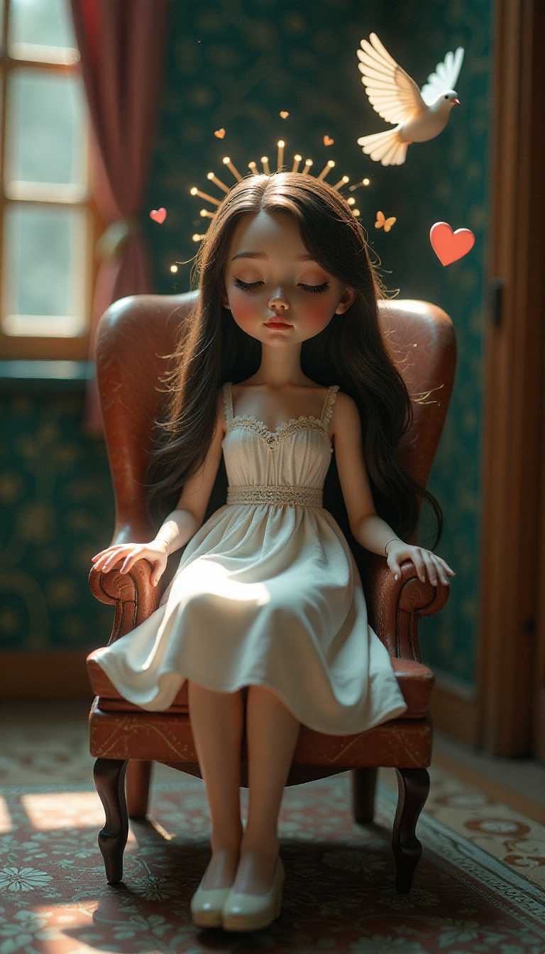 Painted glossy wood toy diorama, dramatic lighting.A masterful surrealism piece with a nostalgic theme. A young woman with long, dark hair is sitting in a chair. She is wearing a white dress with lace details. Her eyes are closed, and she is surrounded by a halo of light. There are floating hearts, a butterfly, and a dove. The background is a room with a patterned floor and a window with a curtain.