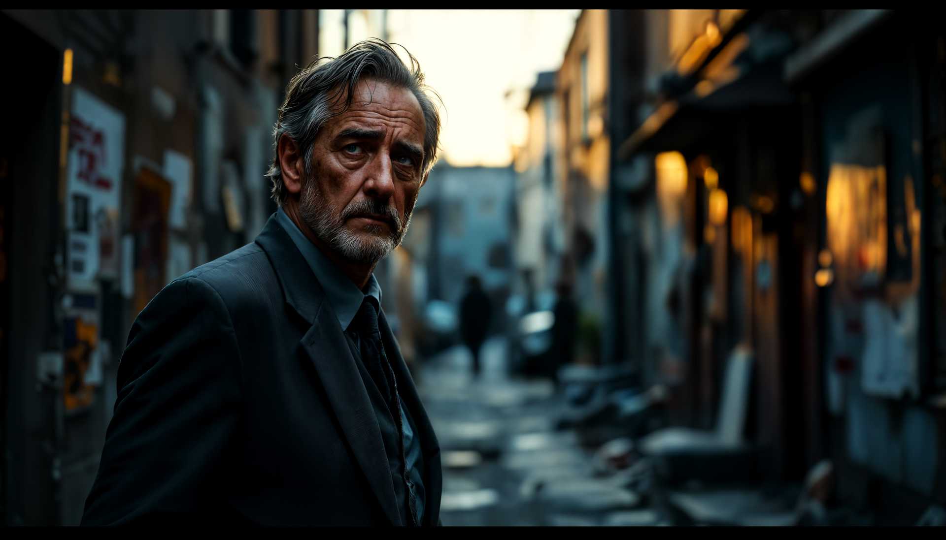 masterpiece, best quality, highres, sharp image, more detail, masterpiece, best quality, highres, sharp image, more detail, **Image Description:**

- **Subject**: A middle-aged man, with visible signs of weariness and sorrow in his expression, his eyes reflecting a deep sense of loss.
  
- **Appearance**: Wearing a once-fine suit, now wrinkled and unkempt, with the tie slightly askew, symbolizing his fall from grace. His hair is disheveled, and there's stubble on his face, indicating days without care.

- **Environment**: He stands in a stark, urban alley at dusk. The walls are covered in peeling posters, graffiti, and signs of neglect. The ground is littered with debris, symbolizing his current state of life.

- **Lighting**: The scene is bathed in the soft, fading light of sunset, casting long shadows and highlighting the man's silhouette against the backdrop. This light not only sets the time but also enhances the mood of despair.

- **Mood and Atmosphere**: The atmosphere is heavy with melancholy. The air feels still, almost oppressive, with a sense of isolation and abandonment. The subtle sounds of distant city life barely reach this forgotten corner.

- **Composition**: The camera angle is slightly low, looking up at the man, giving him a sense of grandeur despite his current plight. He is positioned centrally, with the walls converging towards him, focusing all attention on his figure.

- **Visual Details**: 
    - **Textures**: The texture of his suit contrasts with the rough, gritty walls of the alley. His clothes have a slightly reflective quality, showing wear and tear.
    - **Colors**: The predominant colors are muted earth tones, with splashes of faded color from the posters. The man's suit might have been a deep blue or gray, now appearing duller.

- **Technical Aspects**: 
    - **Depth of Field**: The background should be slightly out of focus, with the man in sharp detail, emphasizing his emotional state.
    - **Lens**: Use a 50mm lens to capture the scene with a natural perspective, enhancing realism.
    - **Exposure**: A slightly underexposed image to reflect the emotional darkness, yet with enough detail to see the man's features.

- **Artistic Style**: Inspired by the gritty realism of film noir, but with a touch of contemporary street photography, capturing the moment with raw honesty.

- **Emotional Impact**: This image should evoke a sense of empathy and reflection on the fragility of human condition, the fleeting nature of success, and the loneliness of loss.